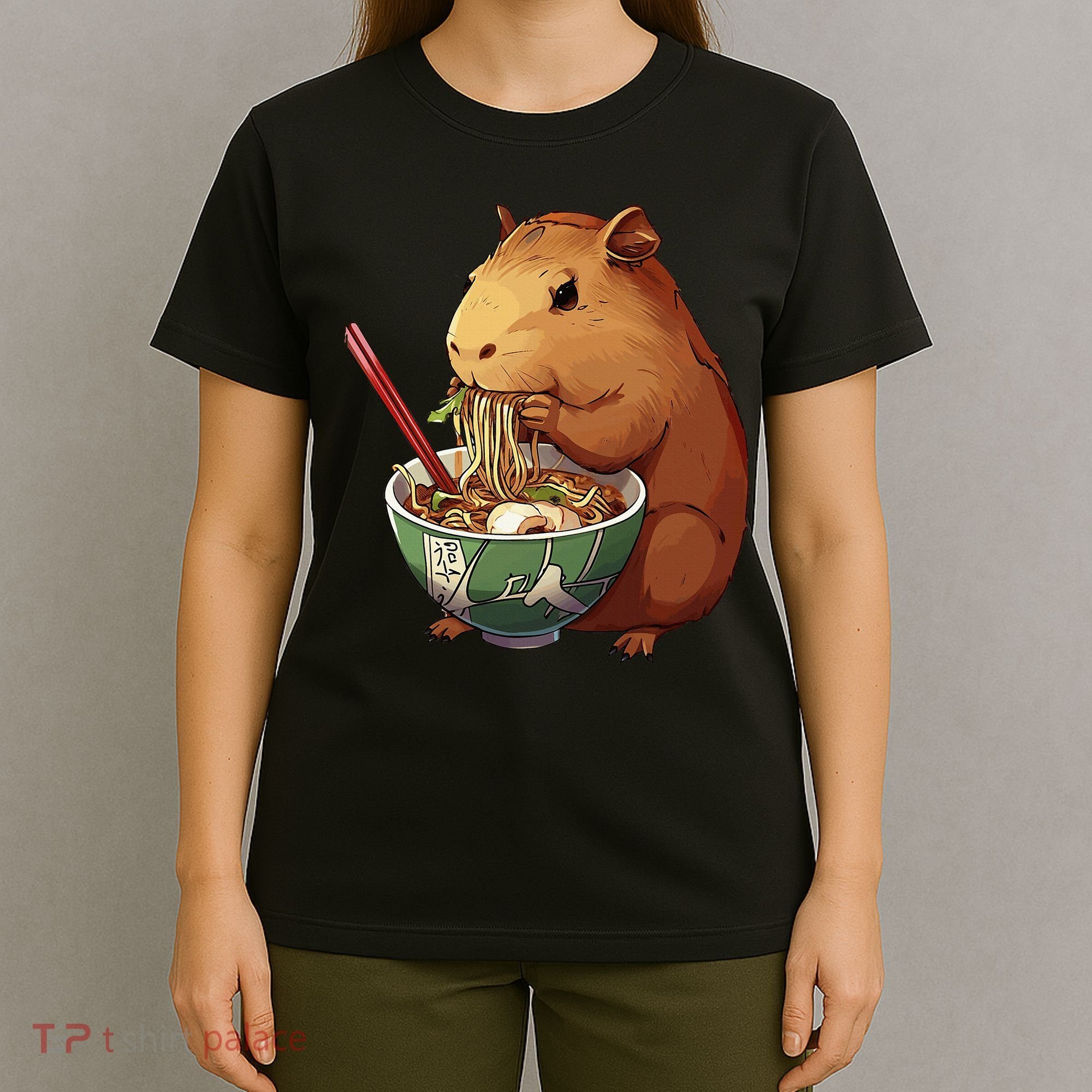 Cute Kawaii Capybara Eating Japanese Ramen Noodles Anime T-Shirt