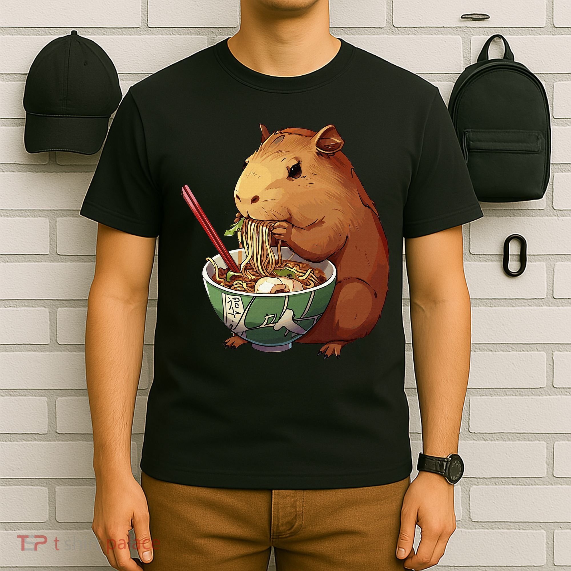 Cute Kawaii Capybara Eating Japanese Ramen Noodles Anime T-Shirt