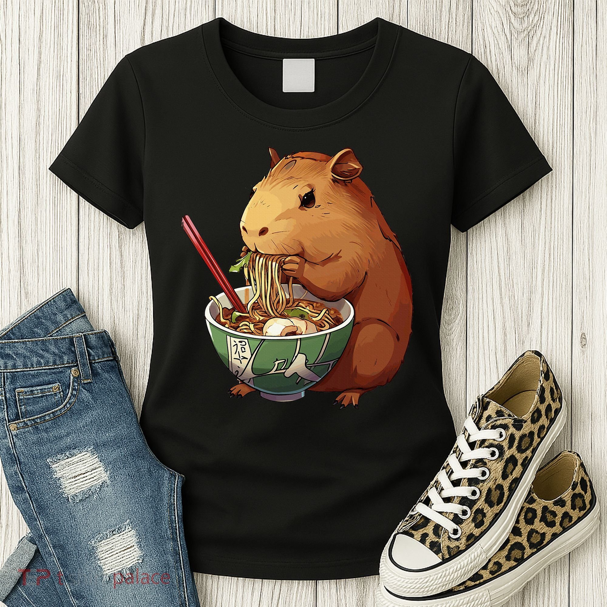 Cute Kawaii Capybara Eating Japanese Ramen Noodles Anime Women's T-Shirt