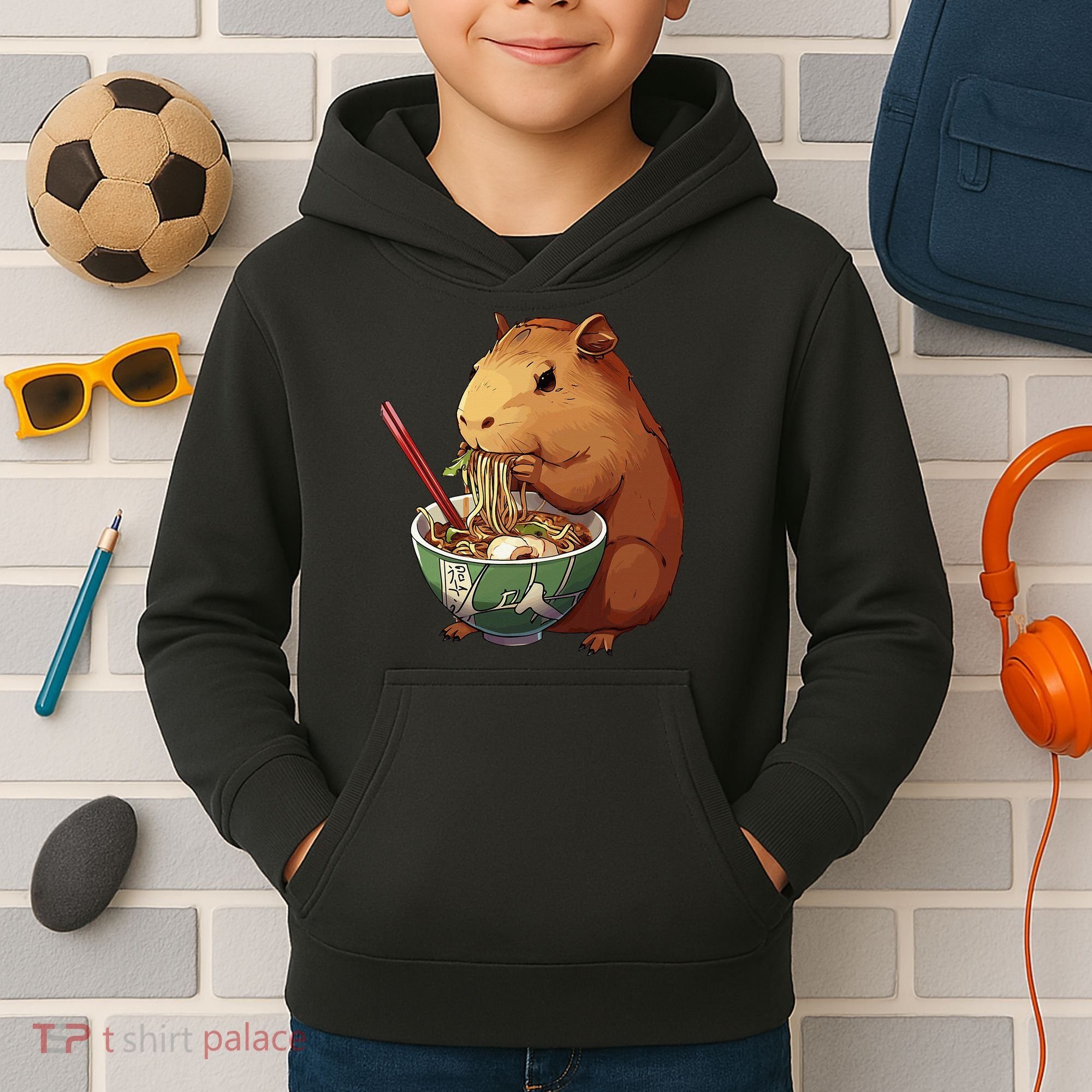 Cute Kawaii Capybara Eating Japanese Ramen Noodles Anime Kids Hoodie
