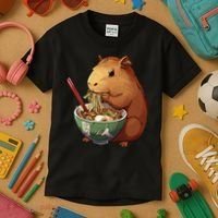 Cute Kawaii Capybara Eating Japanese Ramen Noodles Anime Kids T-Shirt thumb 3