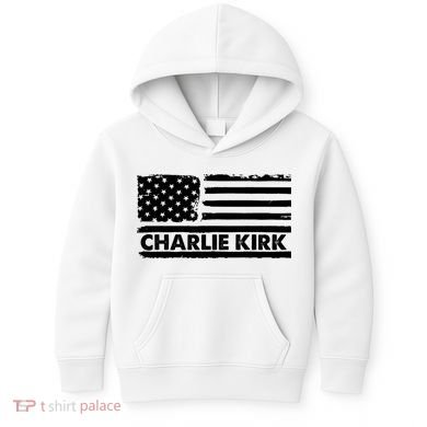 Charlie Kirk Distressed American Flag Patriotic Kids Hoodie