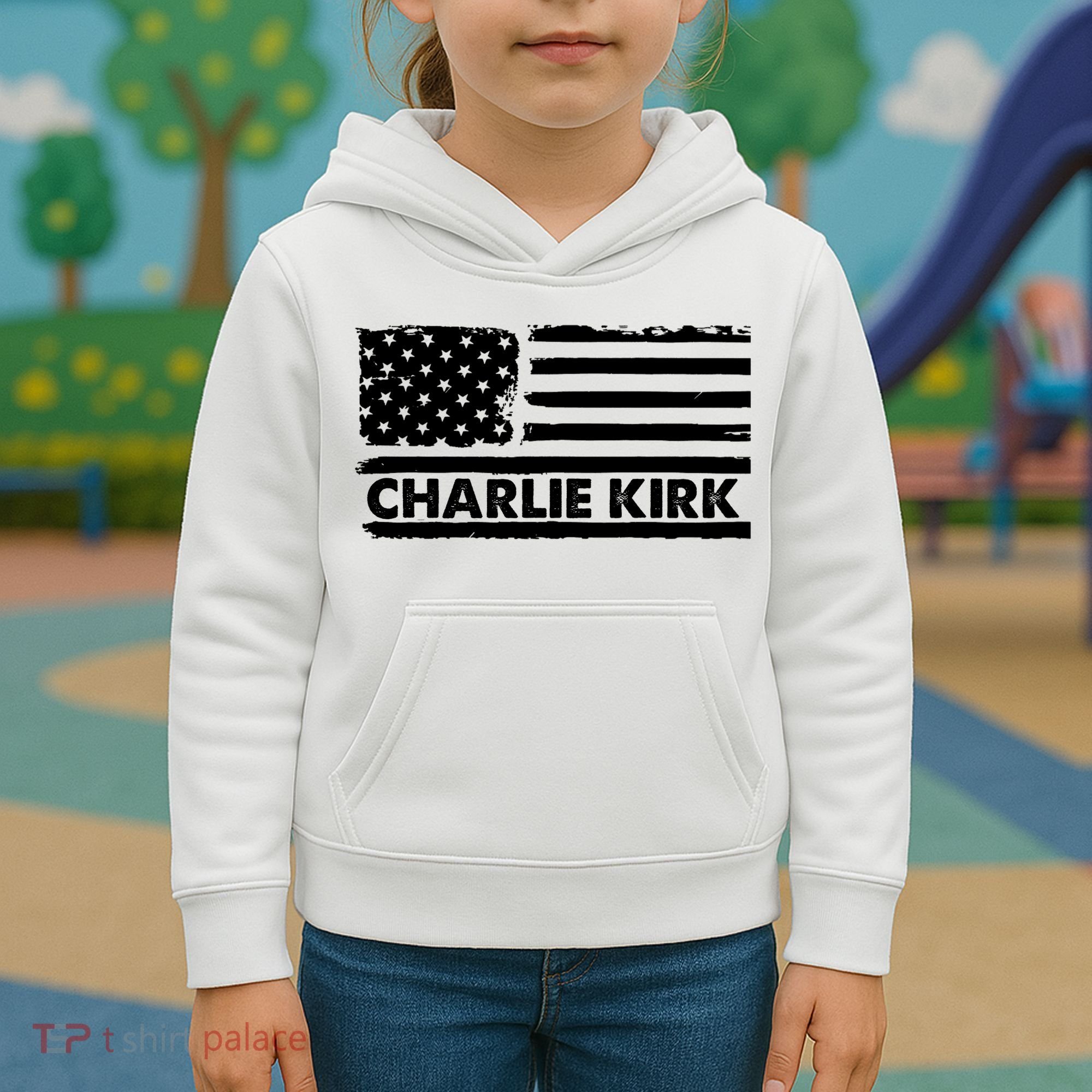 Charlie Kirk Distressed American Flag Patriotic Kids Hoodie