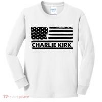 Charlie Kirk Distressed American Flag Patriotic Kids Long Sleeve Shirt thumb 0