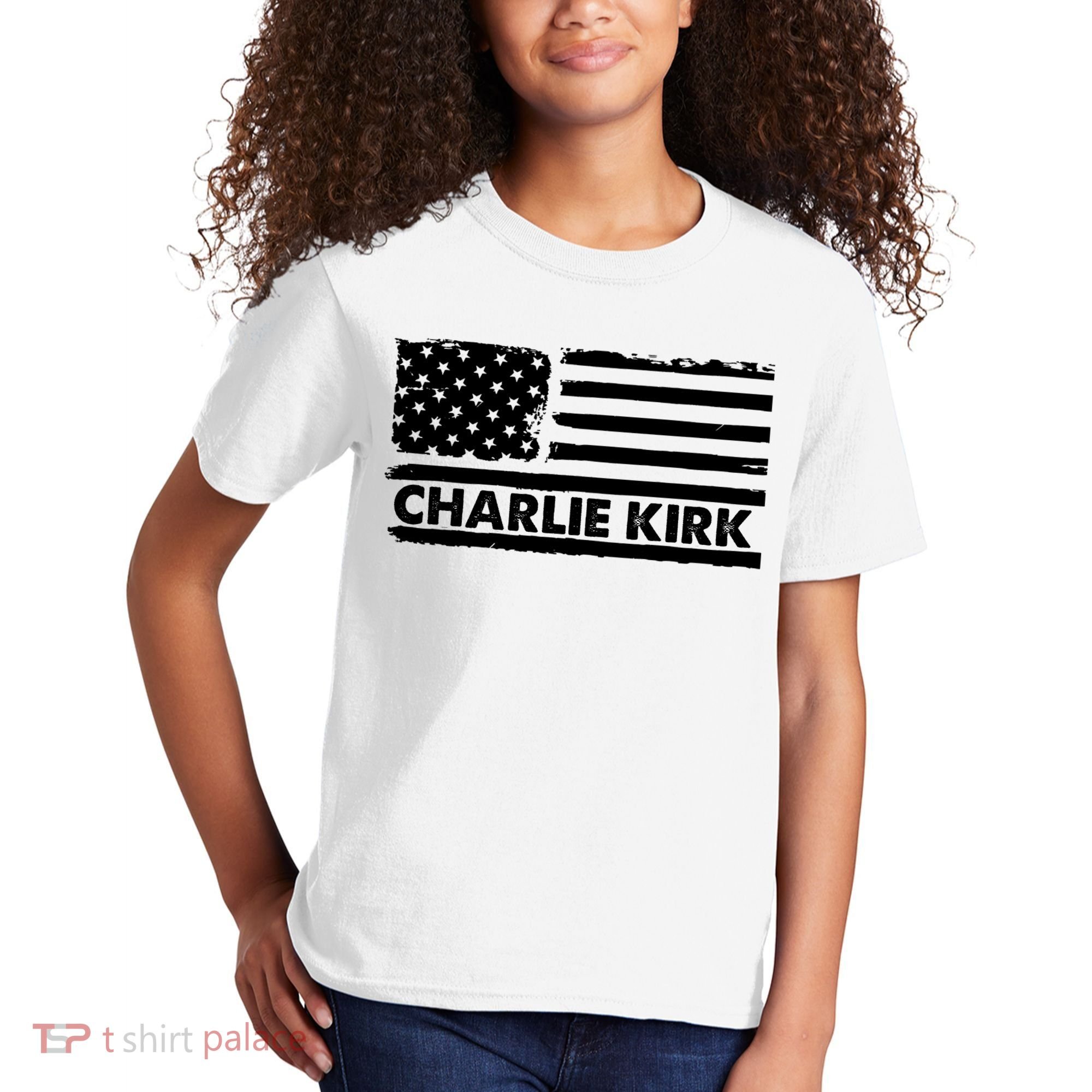 Charlie Kirk Distressed American Flag Patriotic Kids T-Shirt