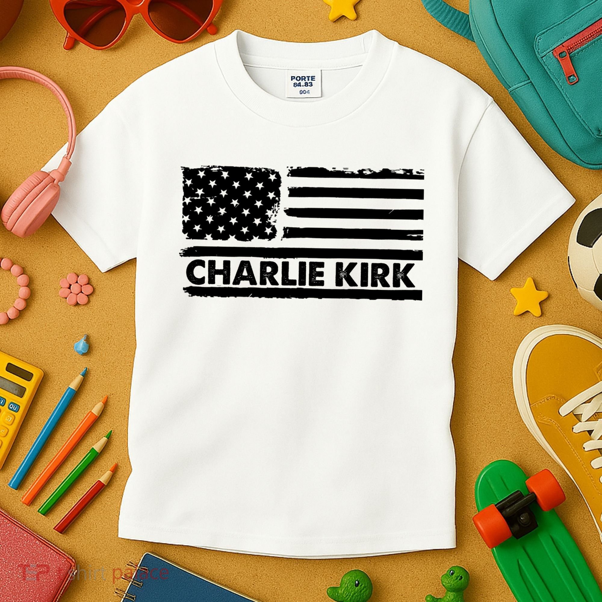 Charlie Kirk Distressed American Flag Patriotic Kids T-Shirt