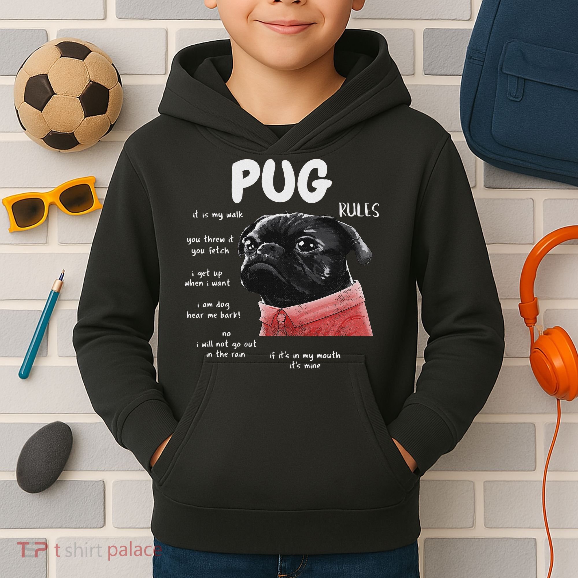 Cute Kawaii Funny Black Pug Dog Rules Gifts Women Kids Hoodie