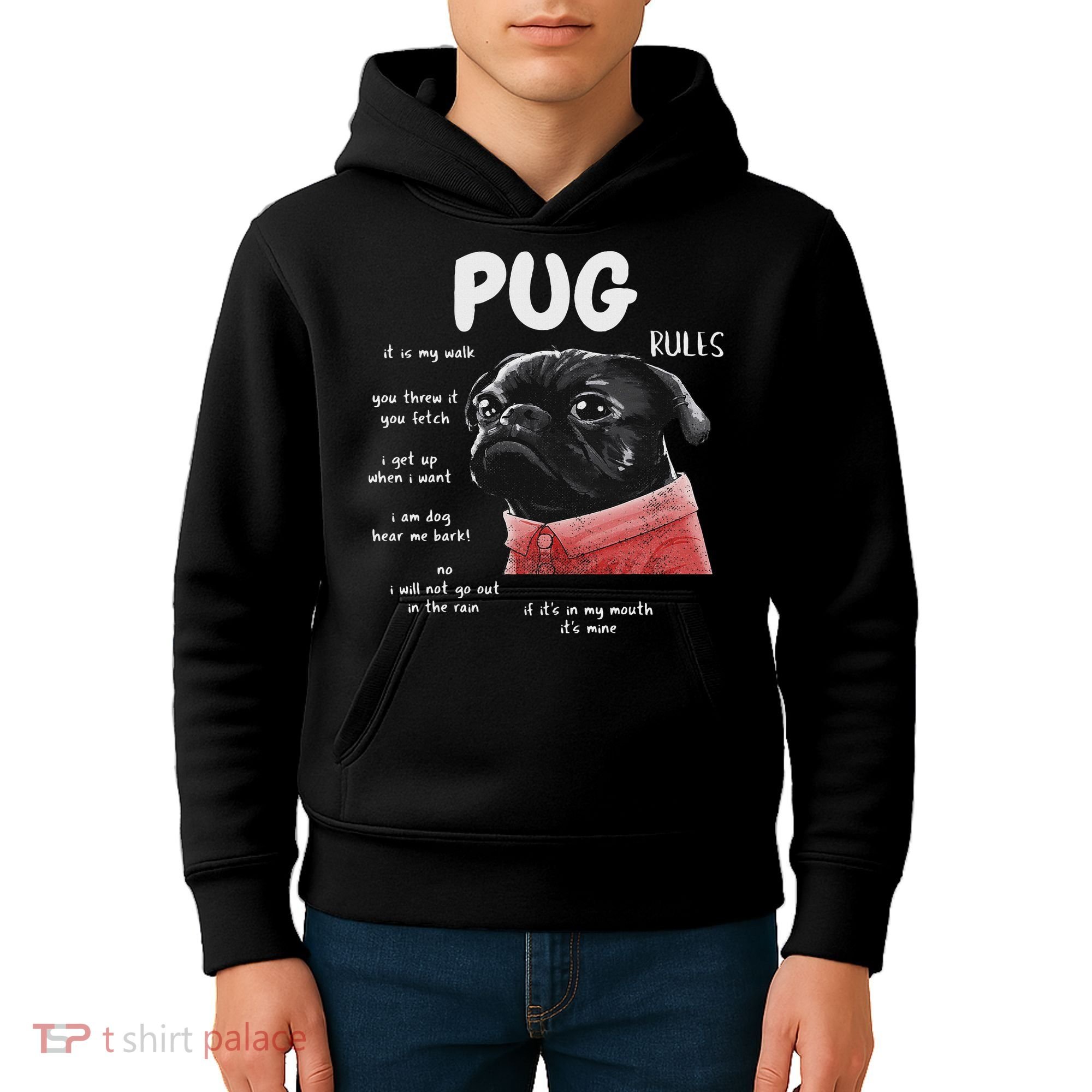 Cute Kawaii Funny Black Pug Dog Rules Gifts Women Kids Hoodie