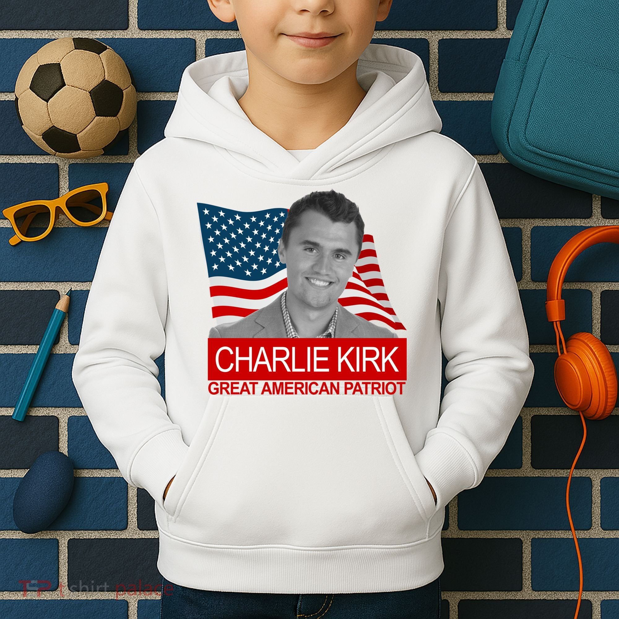 Charlie Kirk Great American Patriot USA Tribute Kids Hoodie