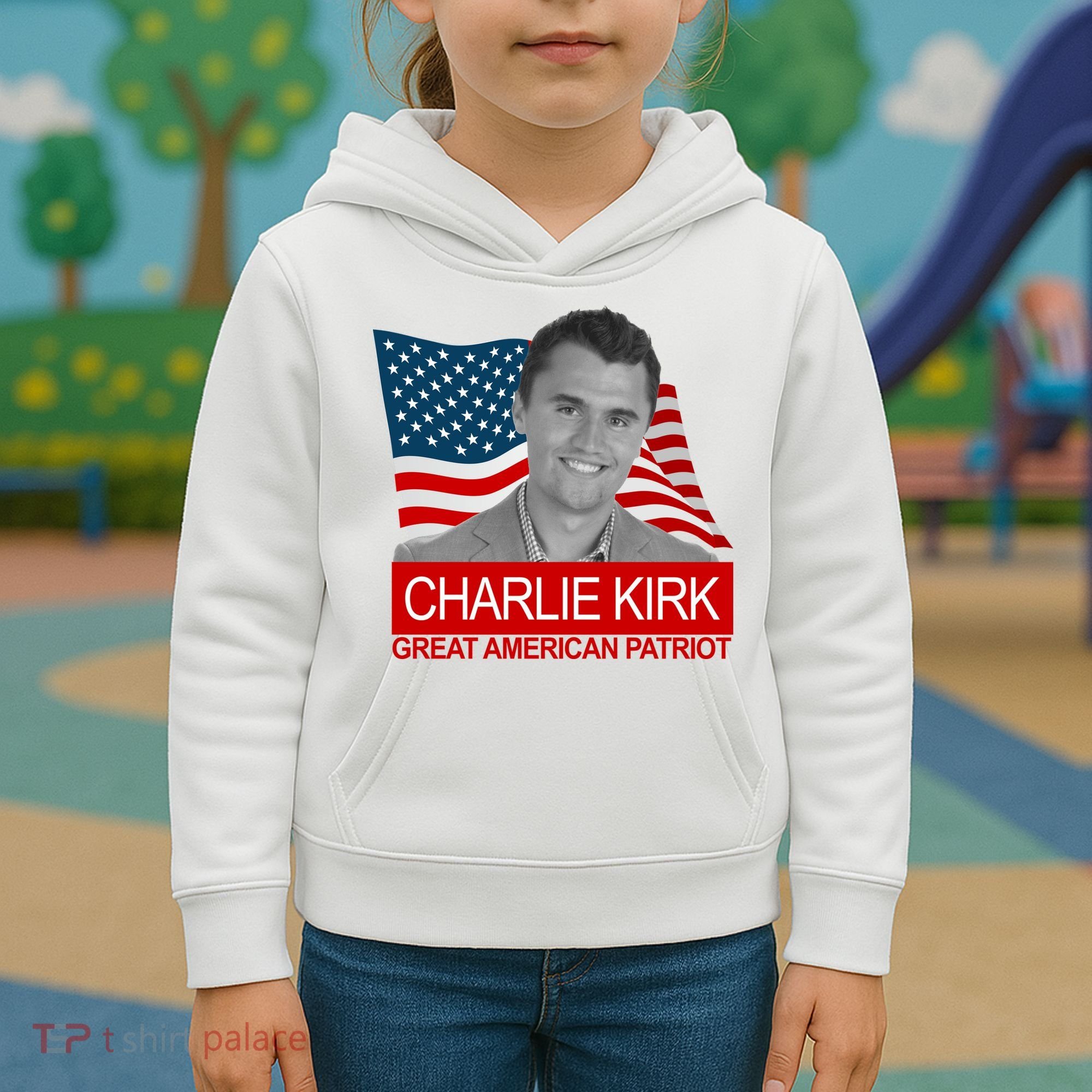 Charlie Kirk Great American Patriot USA Tribute Kids Hoodie