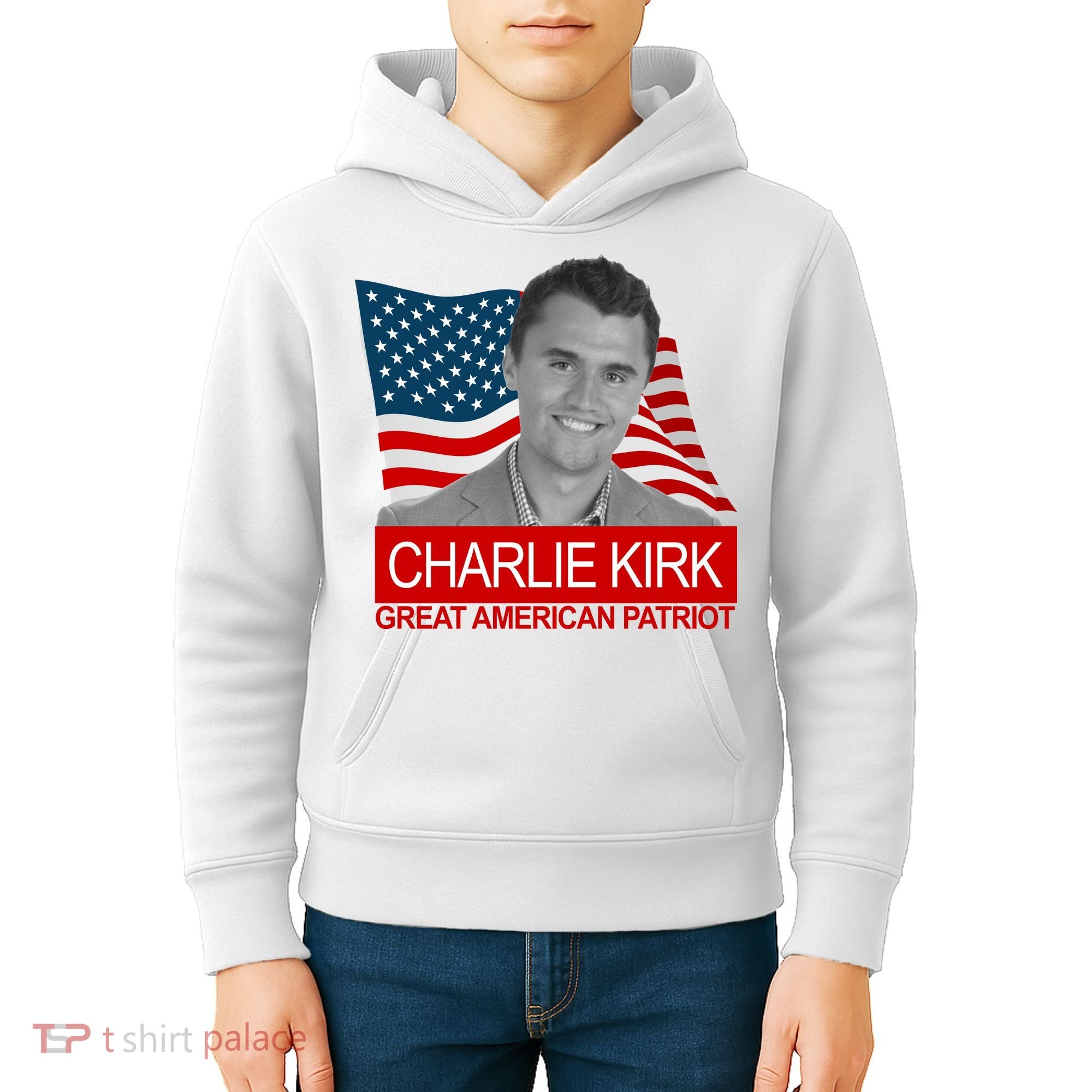 Charlie Kirk Great American Patriot USA Tribute Kids Hoodie