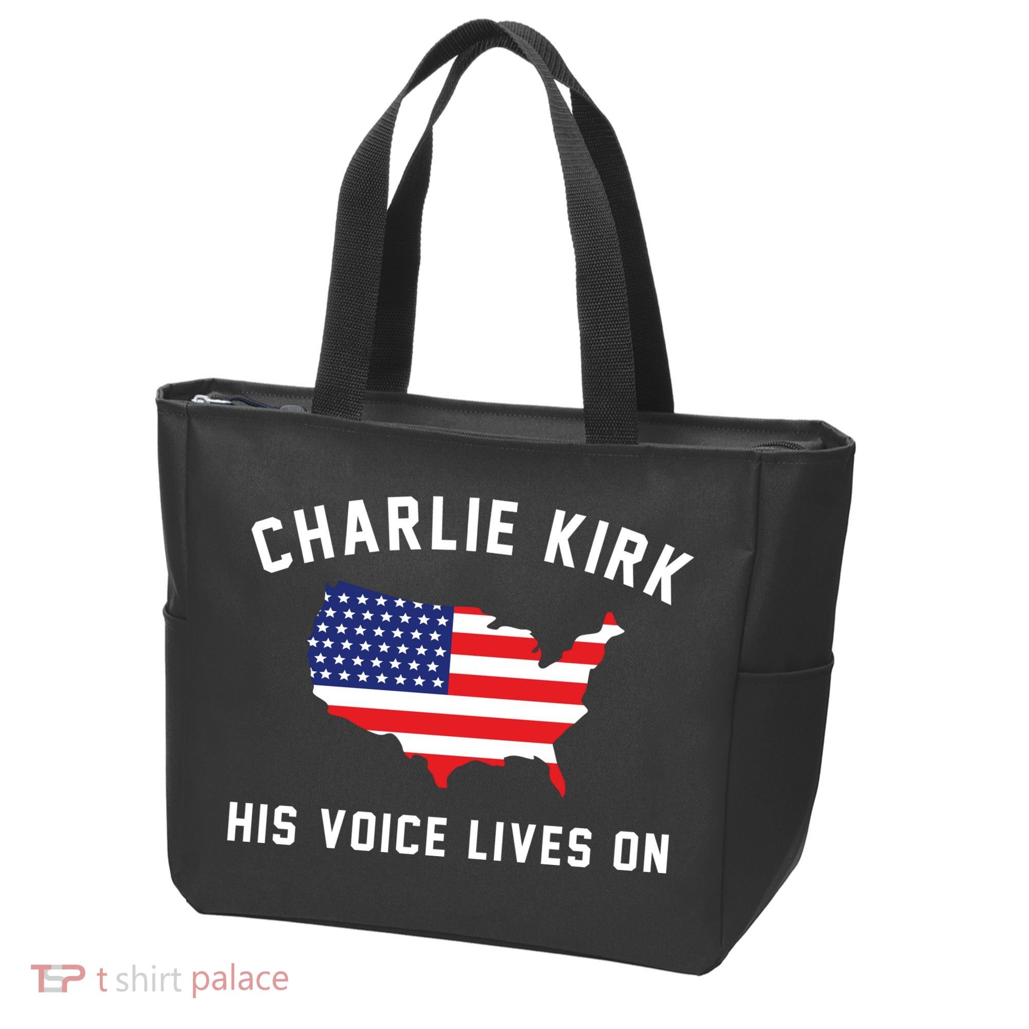 Charlie Kirk His Voice Lives On Tote Bag