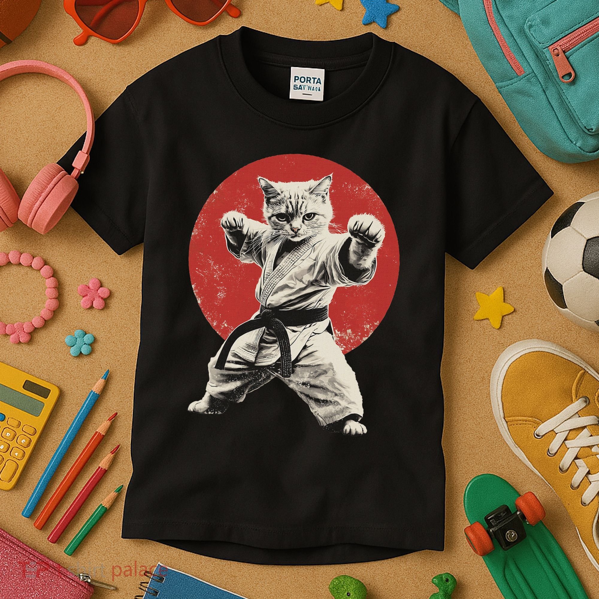 Cat Karate Judo Japan Japanese Flag Funny Kids T-Shirt