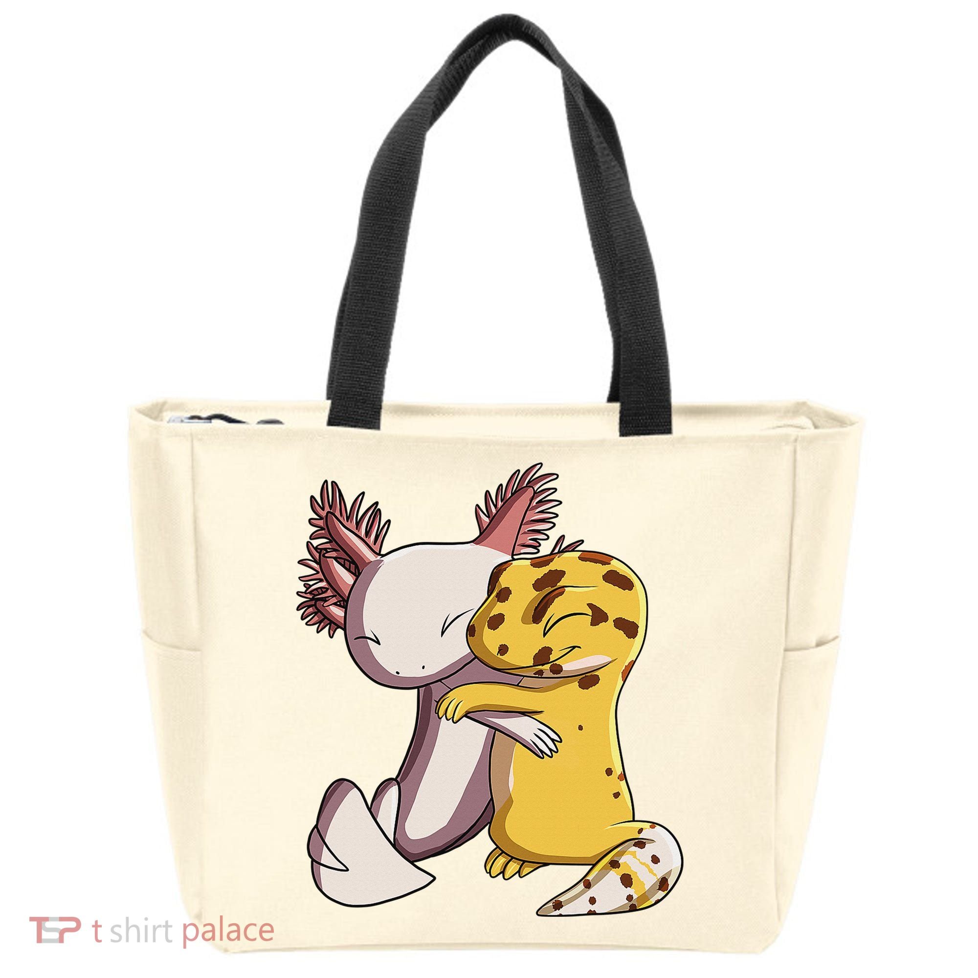 Cute Kawaii Leopard Gecko Hugging Axolotl Funny Tote Bag