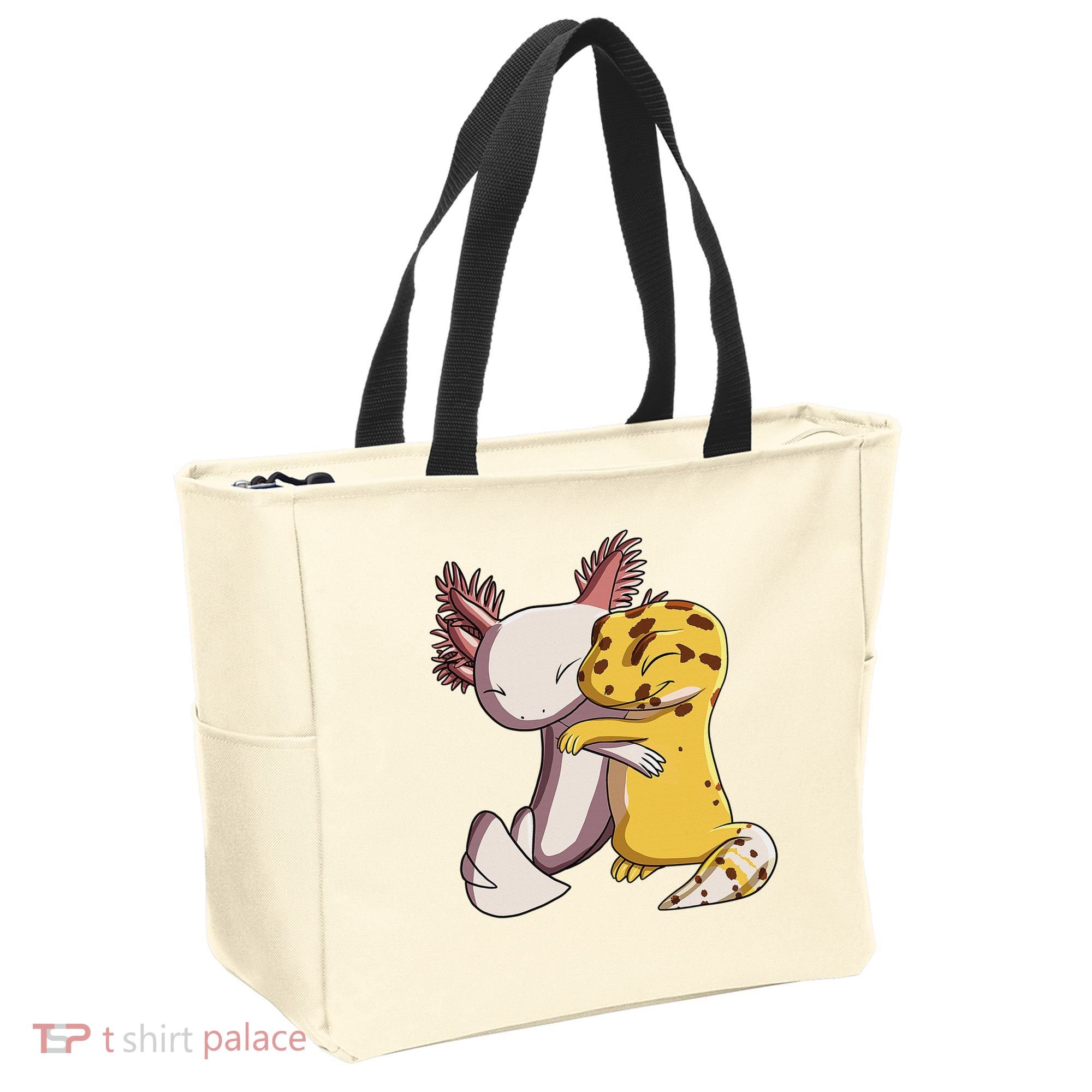 Cute Kawaii Leopard Gecko Hugging Axolotl Funny Tote Bag