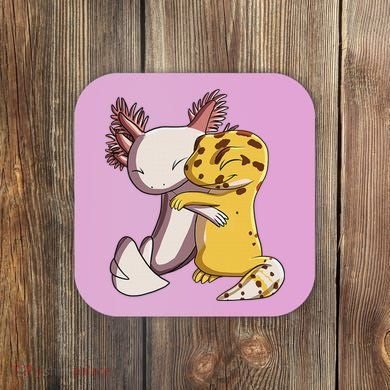 Cute Kawaii Leopard Gecko Hugging Axolotl Funny Coaster
