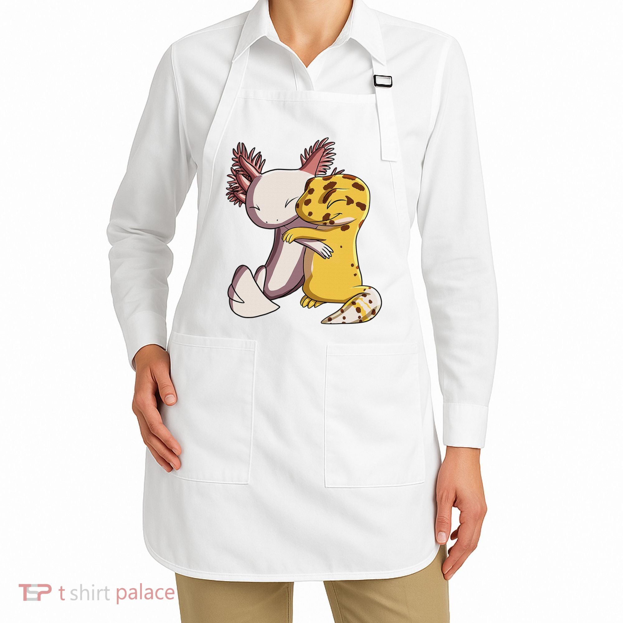 Cute Kawaii Leopard Gecko Hugging Axolotl Funny Apron