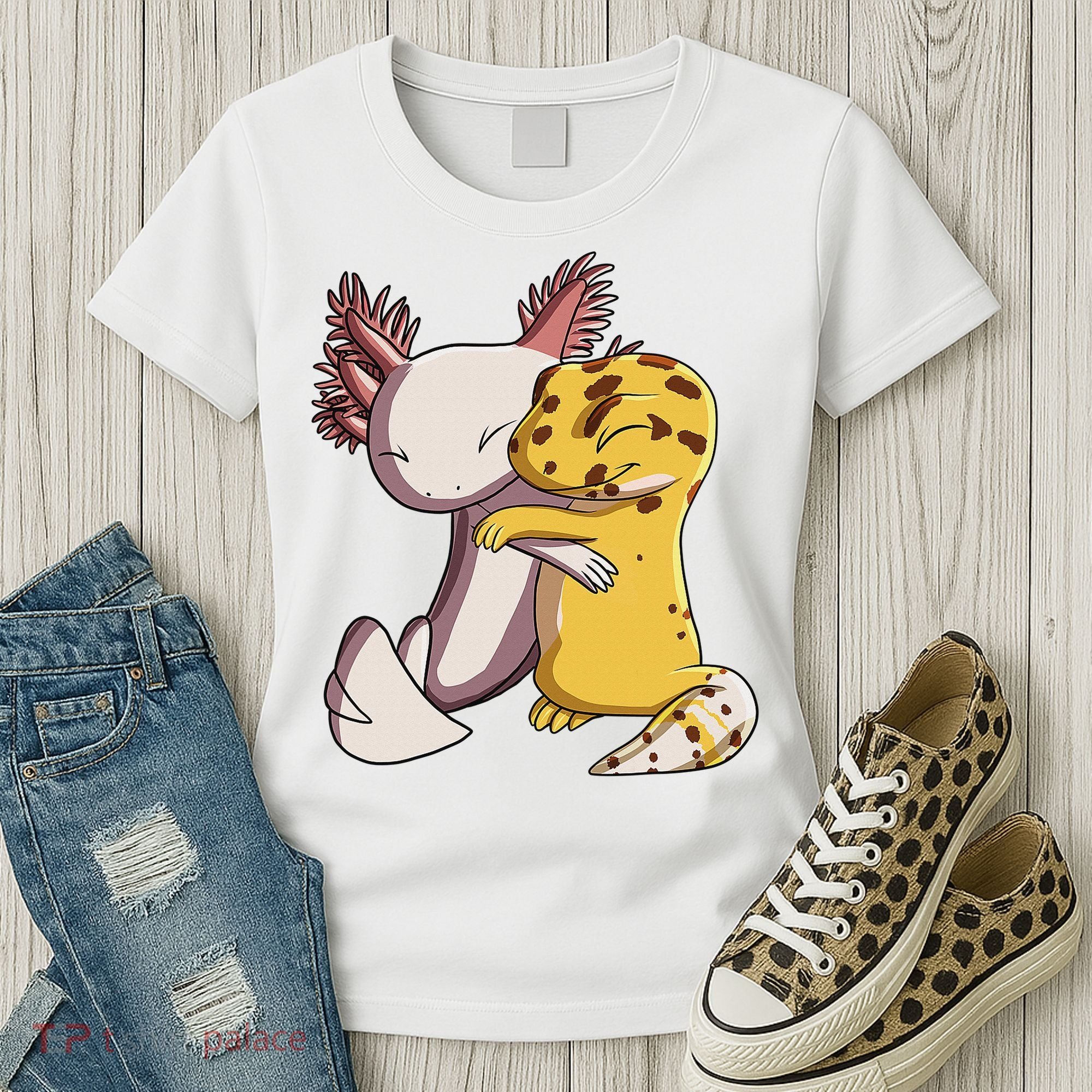 Cute Kawaii Leopard Gecko Hugging Axolotl Funny Women's T-Shirt