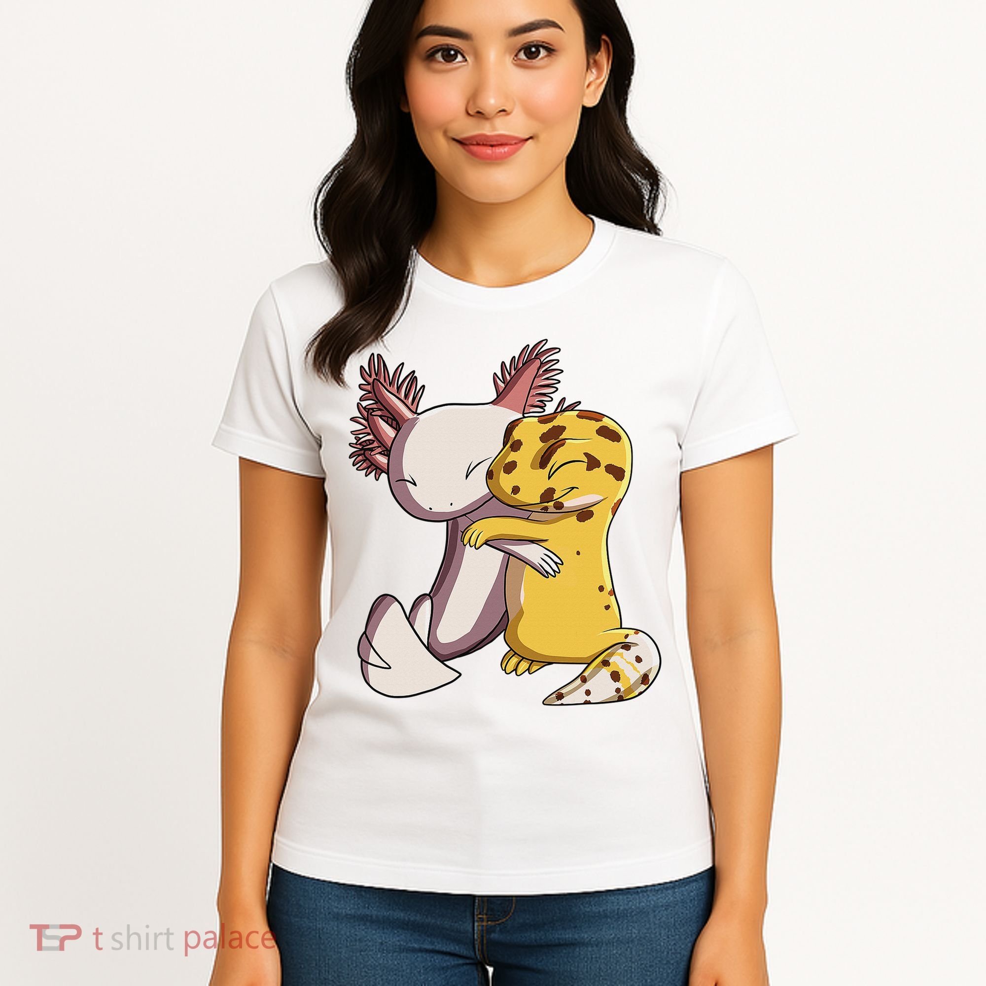 Cute Kawaii Leopard Gecko Hugging Axolotl Funny Women's T-Shirt