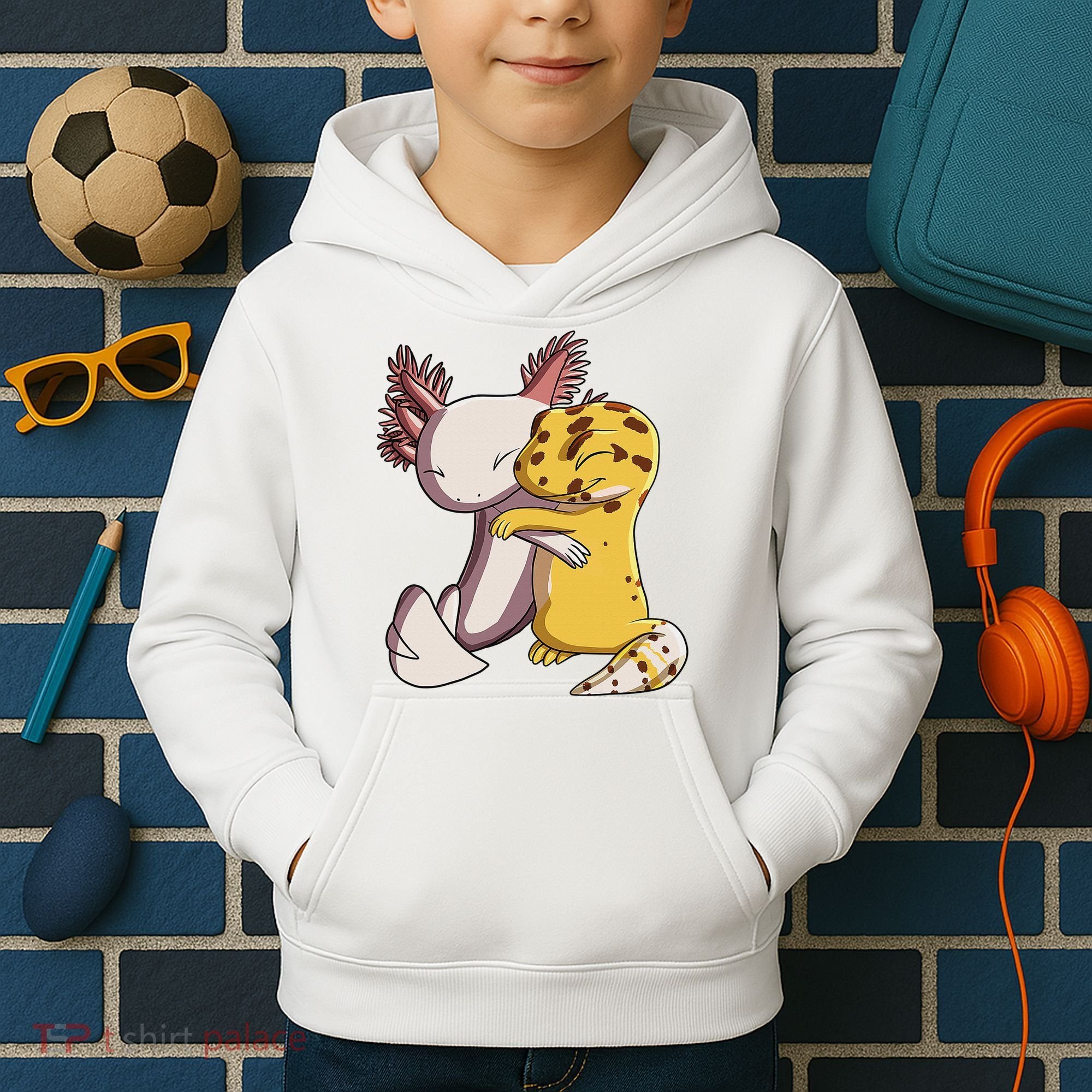 Cute Kawaii Leopard Gecko Hugging Axolotl Funny Kids Hoodie