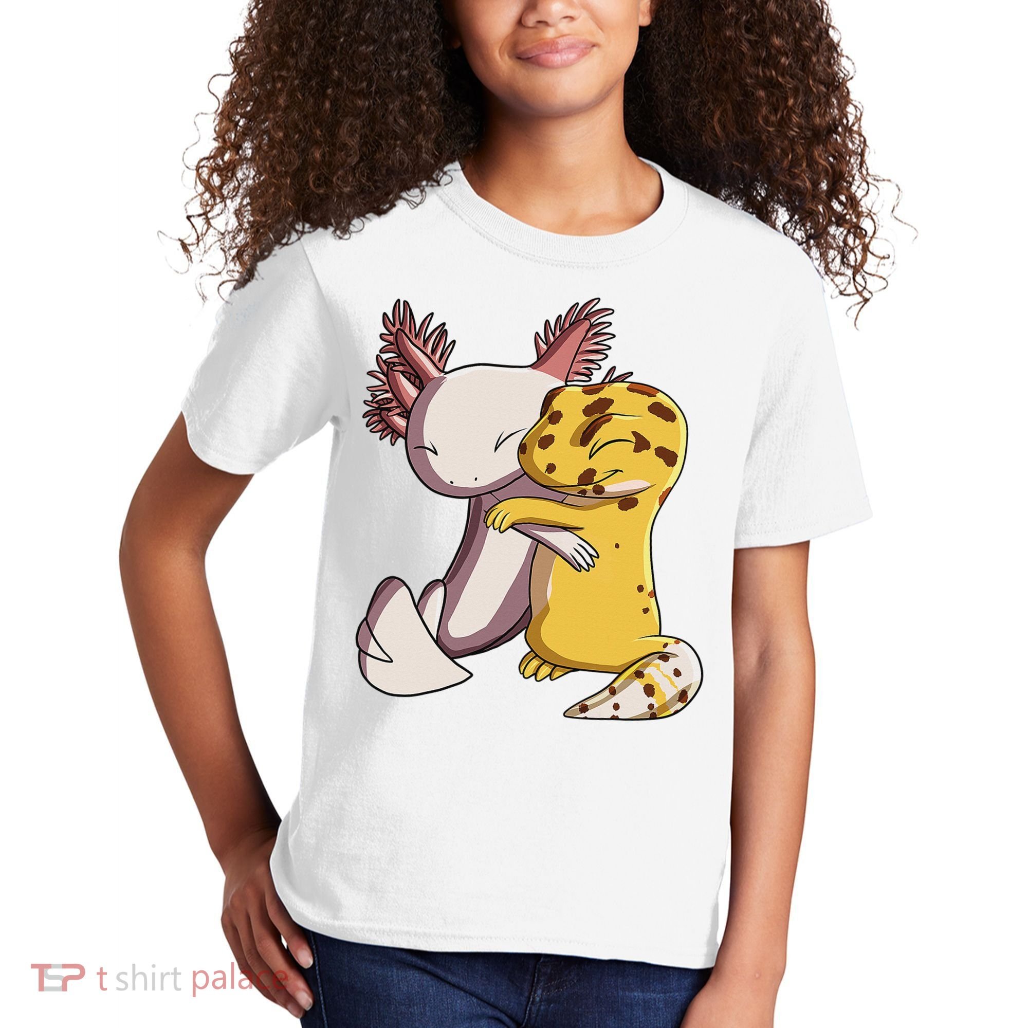 Cute Kawaii Leopard Gecko Hugging Axolotl Funny Kids T-Shirt