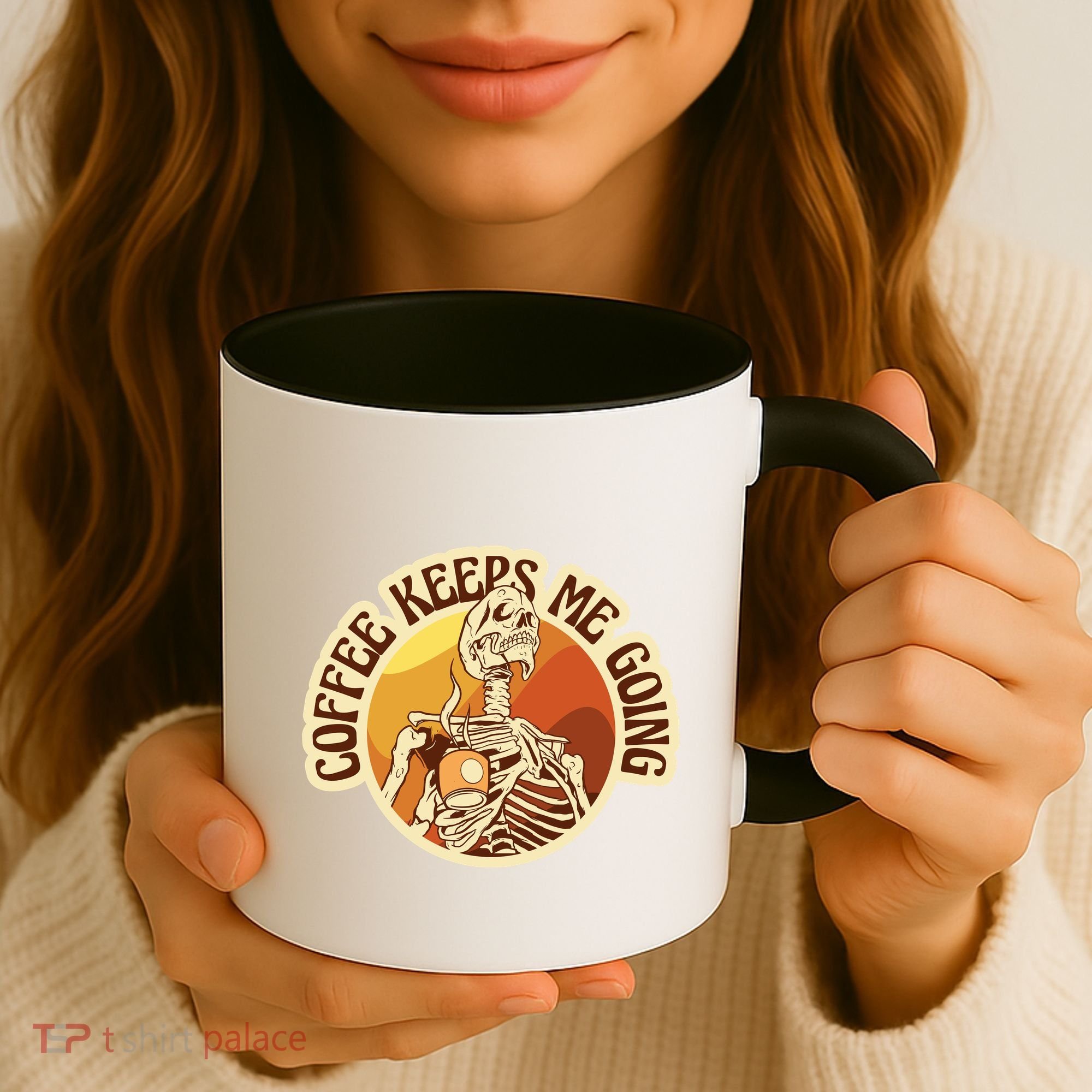 Coffee Keeps Me Going Skeleton Retro Sunset Coffee Mug