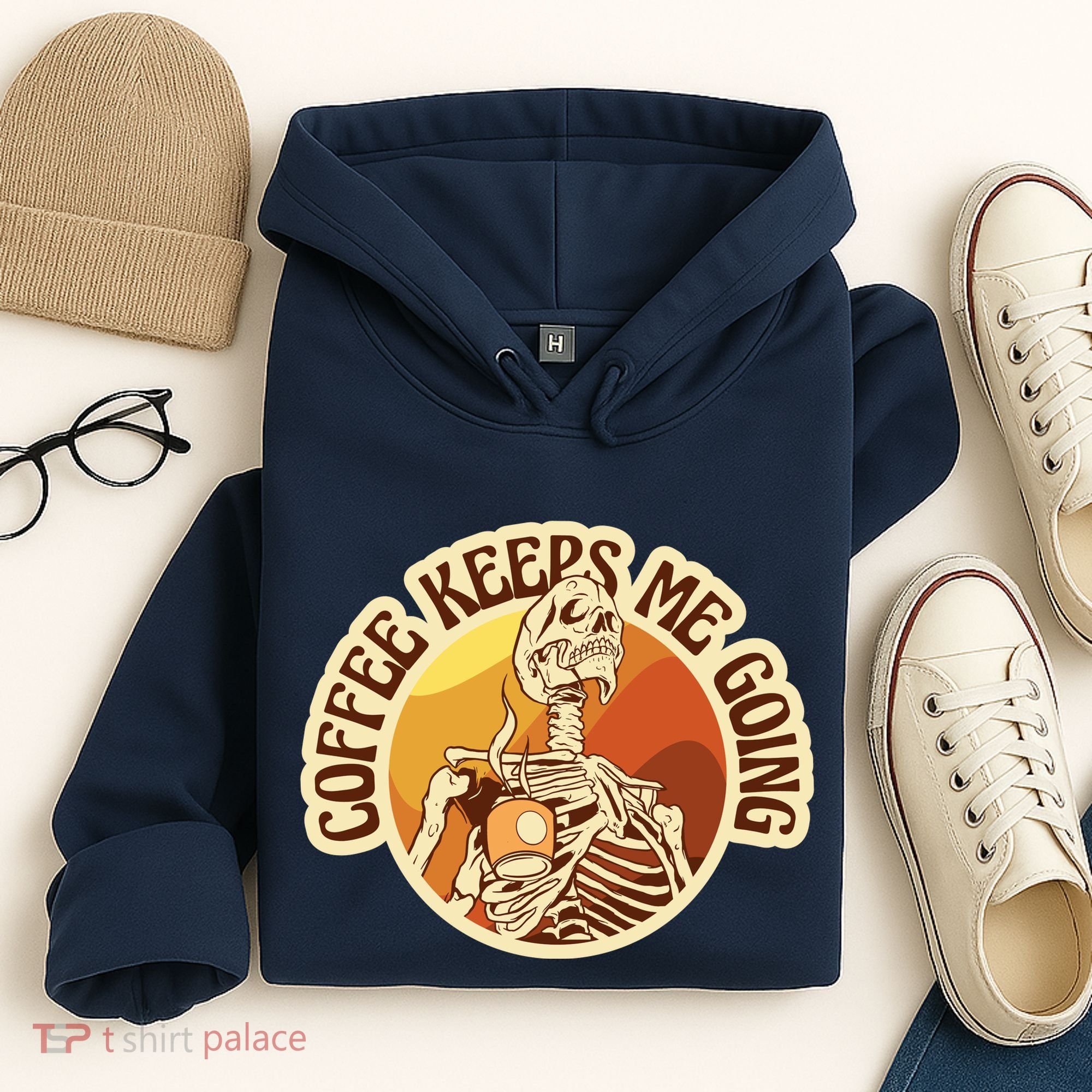 Coffee Keeps Me Going Skeleton Retro Sunset Hoodie
