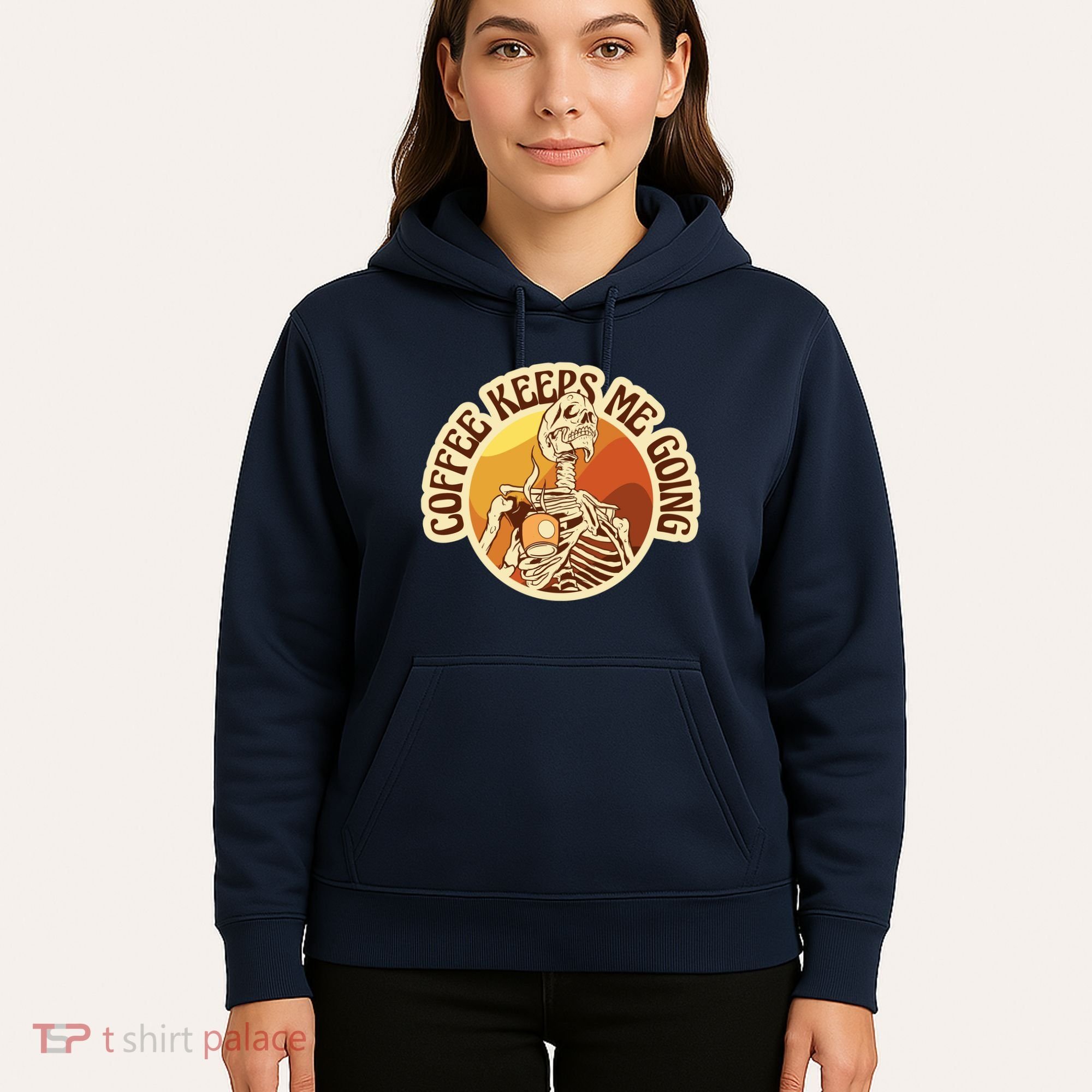 Coffee Keeps Me Going Skeleton Retro Sunset Hoodie