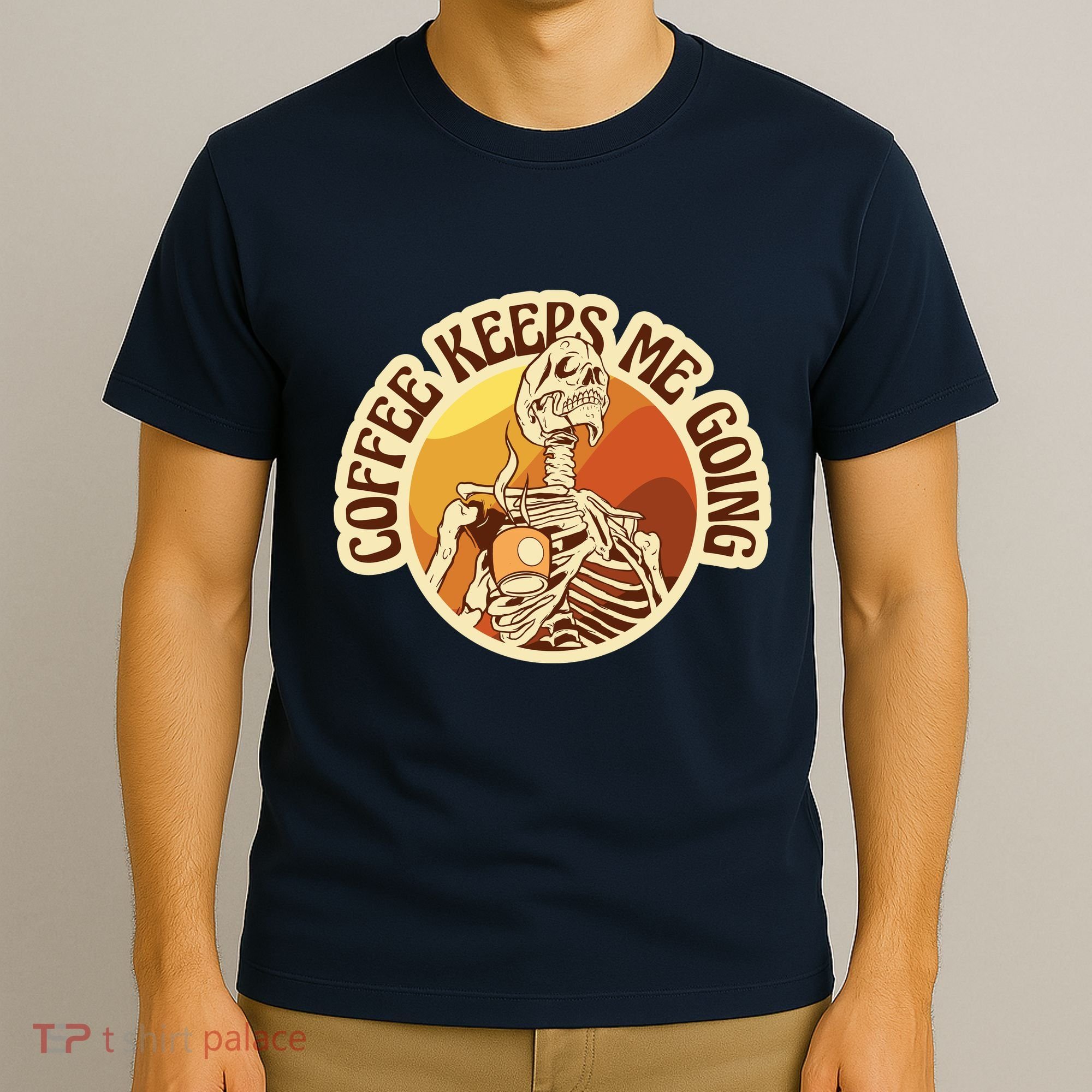 Coffee Keeps Me Going Skeleton Retro Sunset T-Shirt