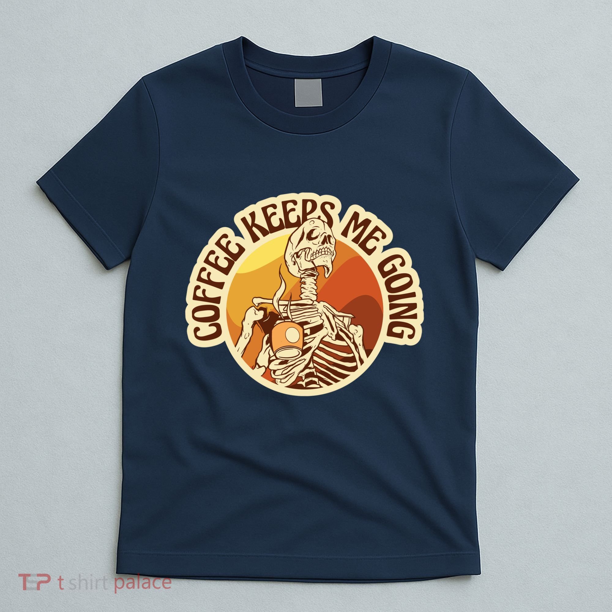 Coffee Keeps Me Going Skeleton Retro Sunset T-Shirt