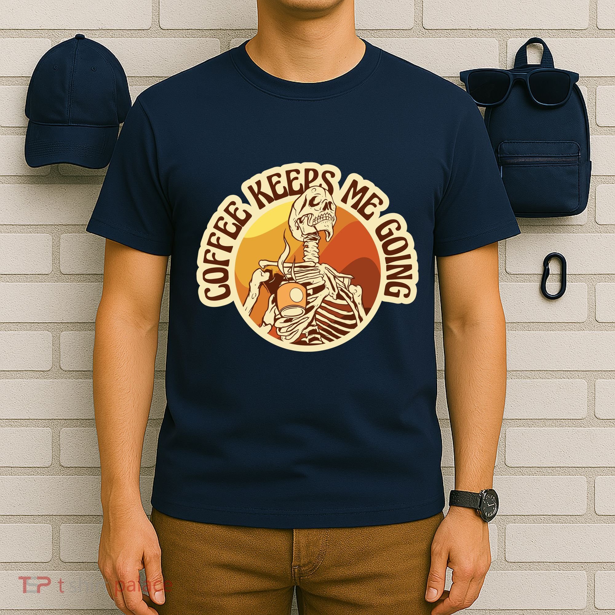 Coffee Keeps Me Going Skeleton Retro Sunset T-Shirt