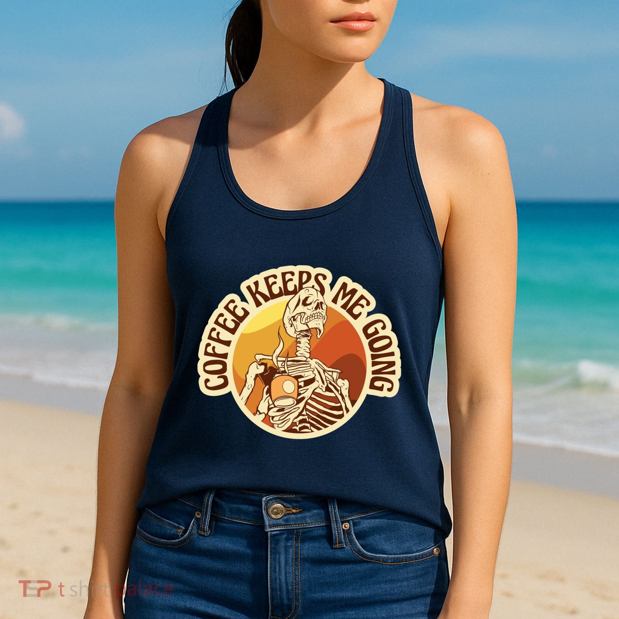Coffee Keeps Me Going Skeleton Retro Sunset Women's Tank Top