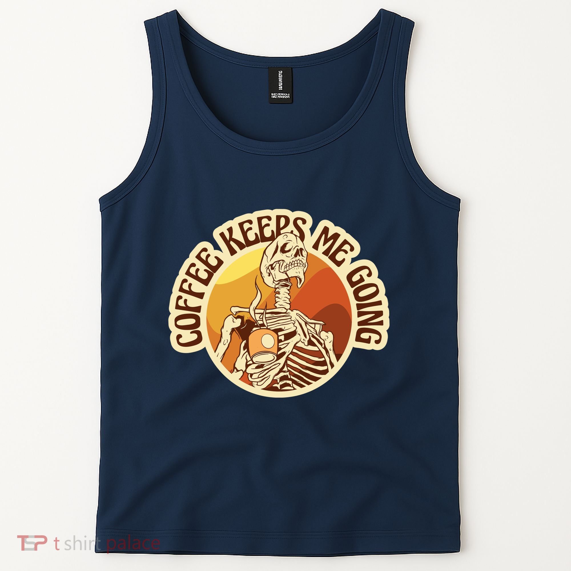 Coffee Keeps Me Going Skeleton Retro Sunset Tank Top