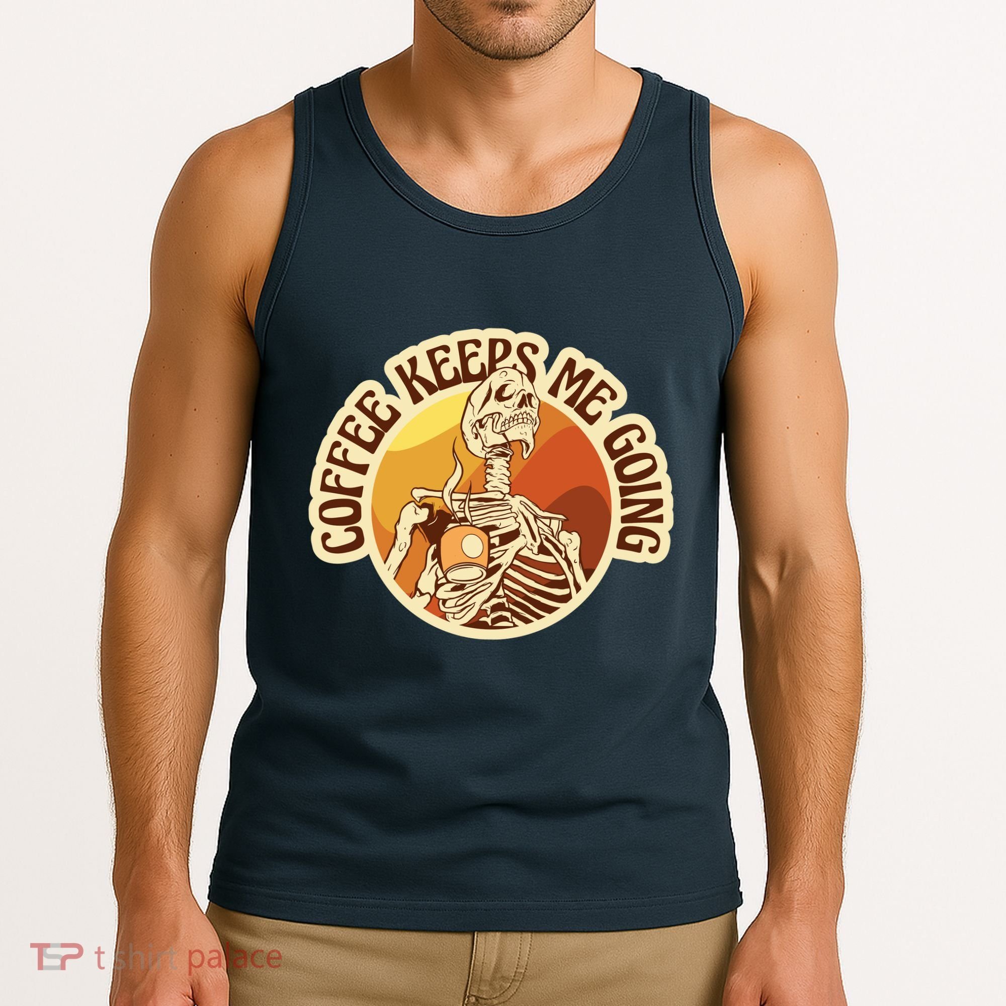Coffee Keeps Me Going Skeleton Retro Sunset Tank Top