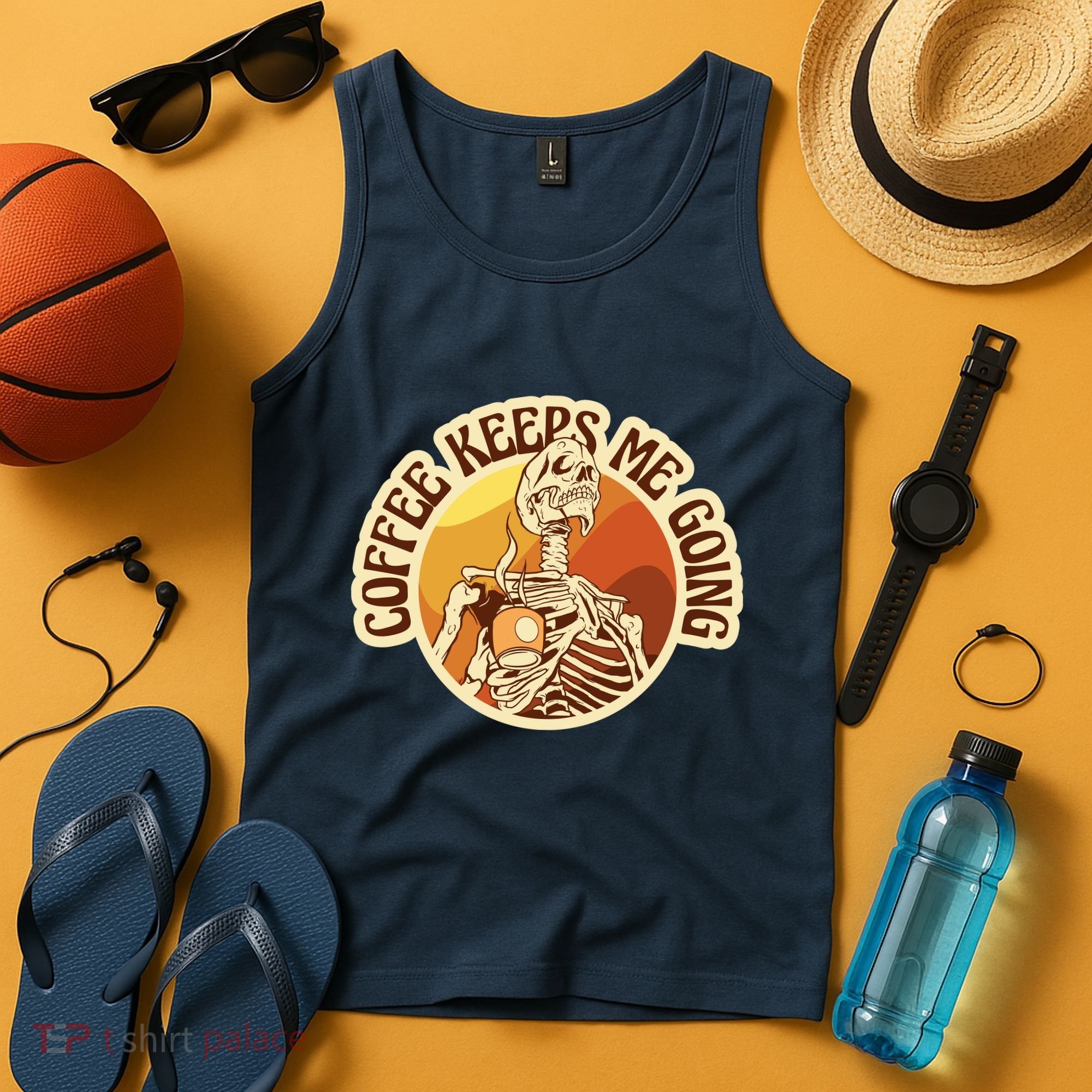 Coffee Keeps Me Going Skeleton Retro Sunset Tank Top