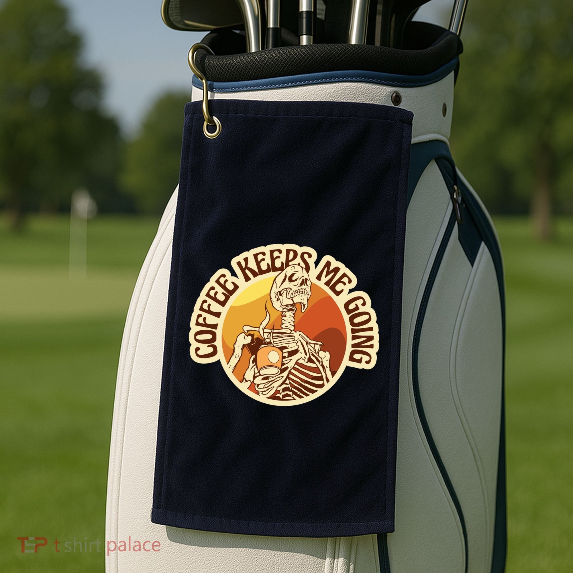 Coffee Keeps Me Going Skeleton Retro Sunset Golf Towel