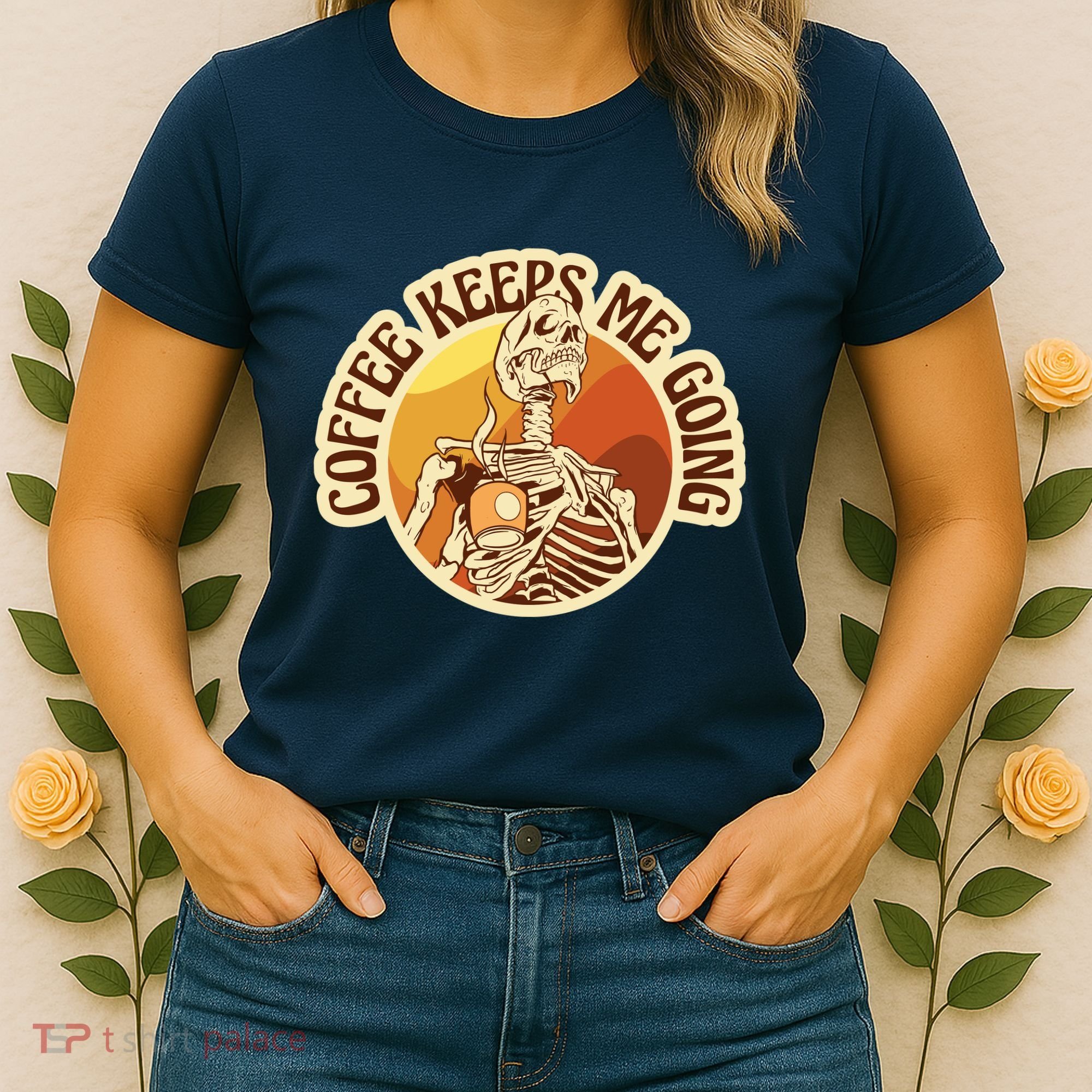 Coffee Keeps Me Going Skeleton Retro Sunset Women's T-Shirt