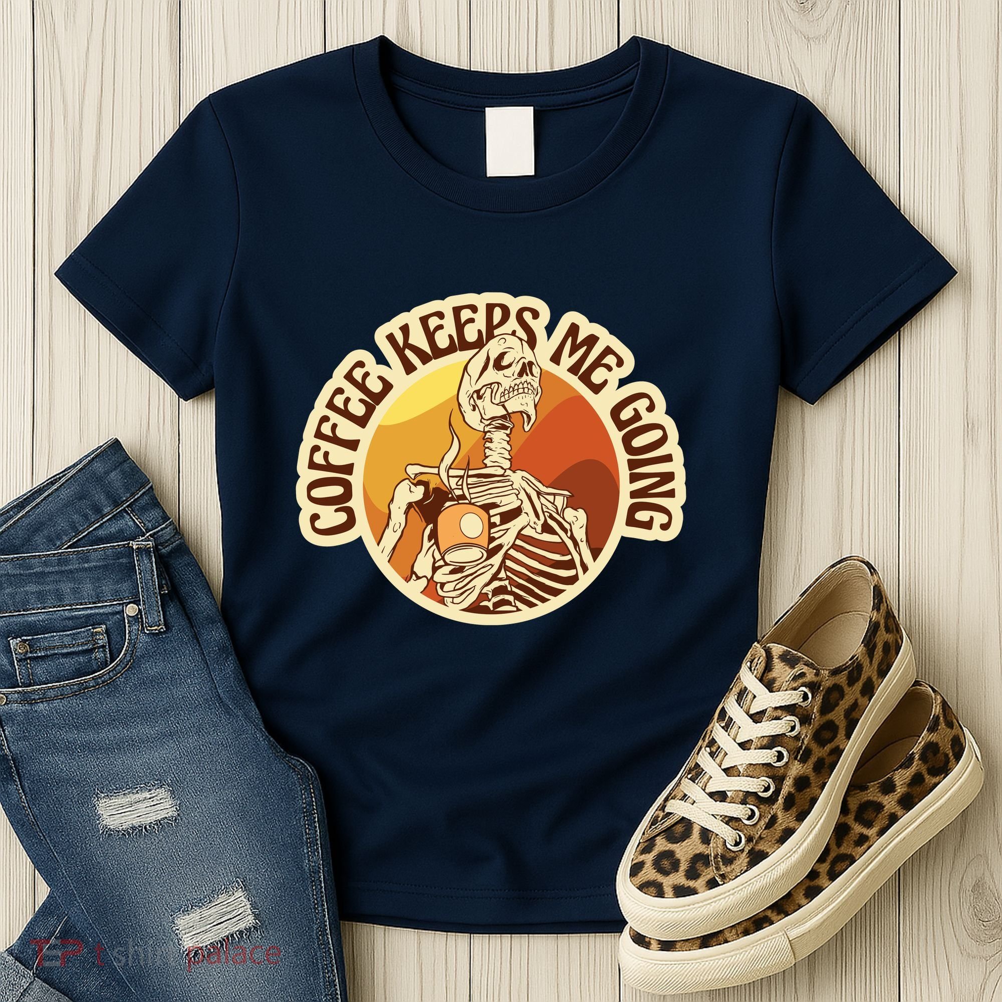 Coffee Keeps Me Going Skeleton Retro Sunset Women's T-Shirt