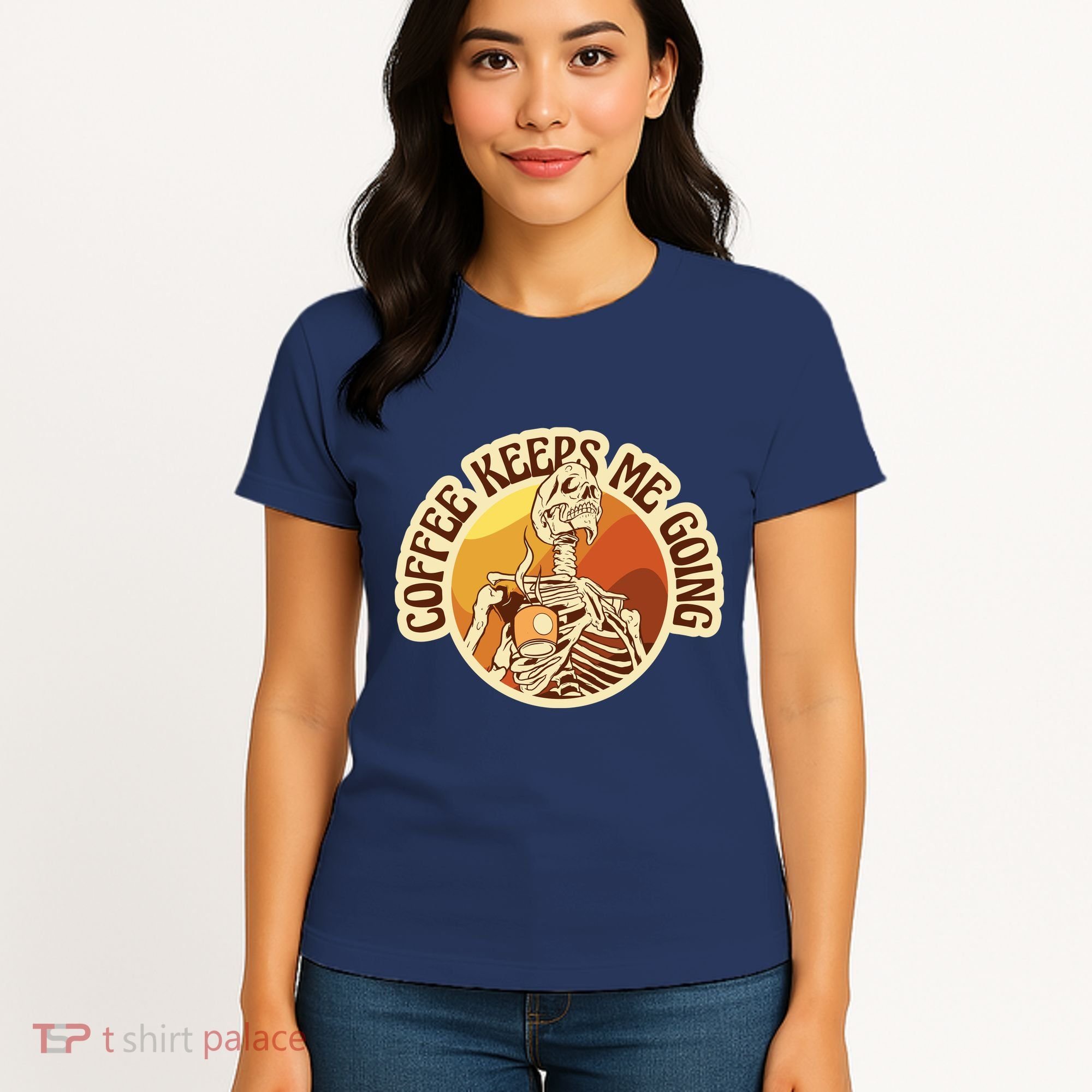 Coffee Keeps Me Going Skeleton Retro Sunset Women's T-Shirt