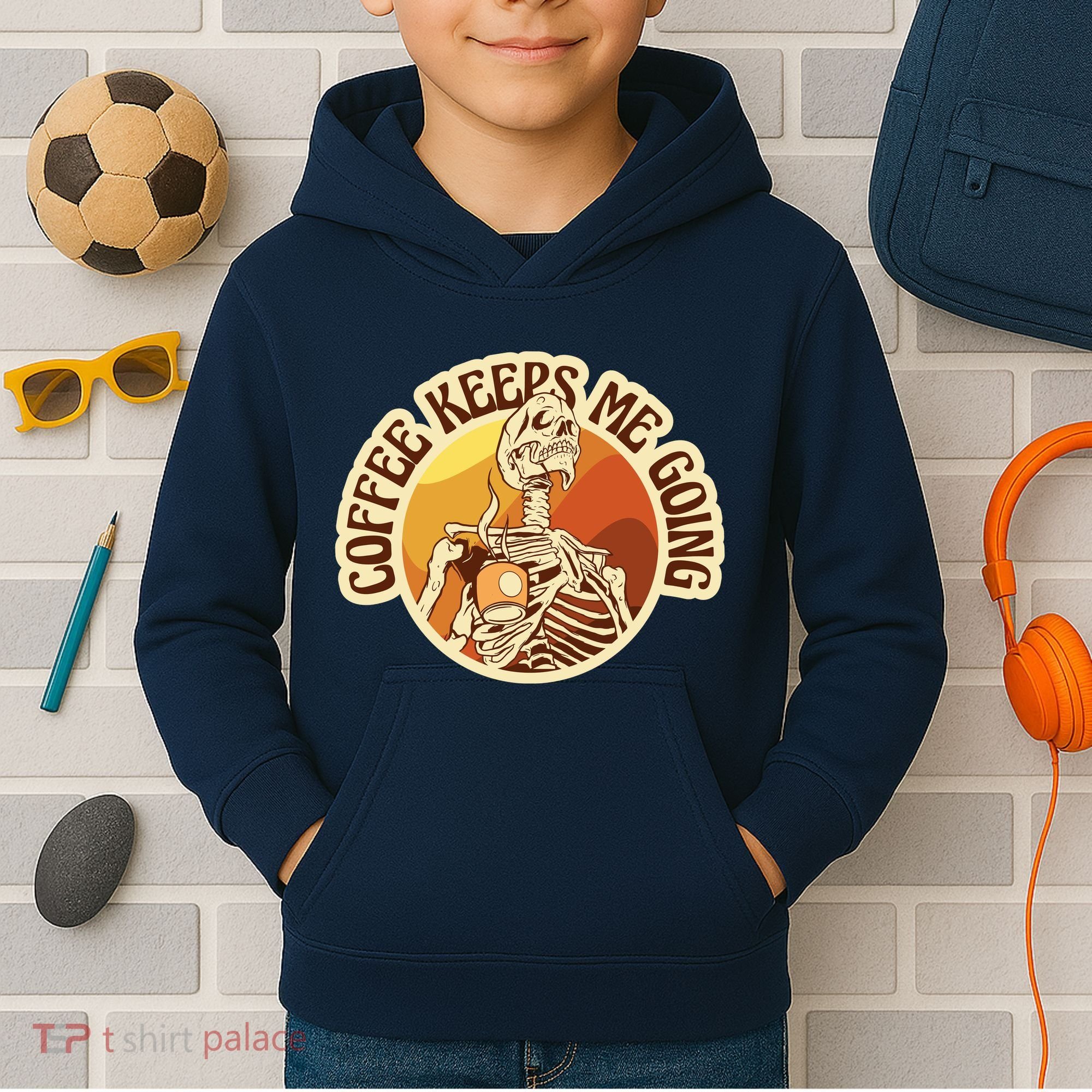 Coffee Keeps Me Going Skeleton Retro Sunset Kids Hoodie