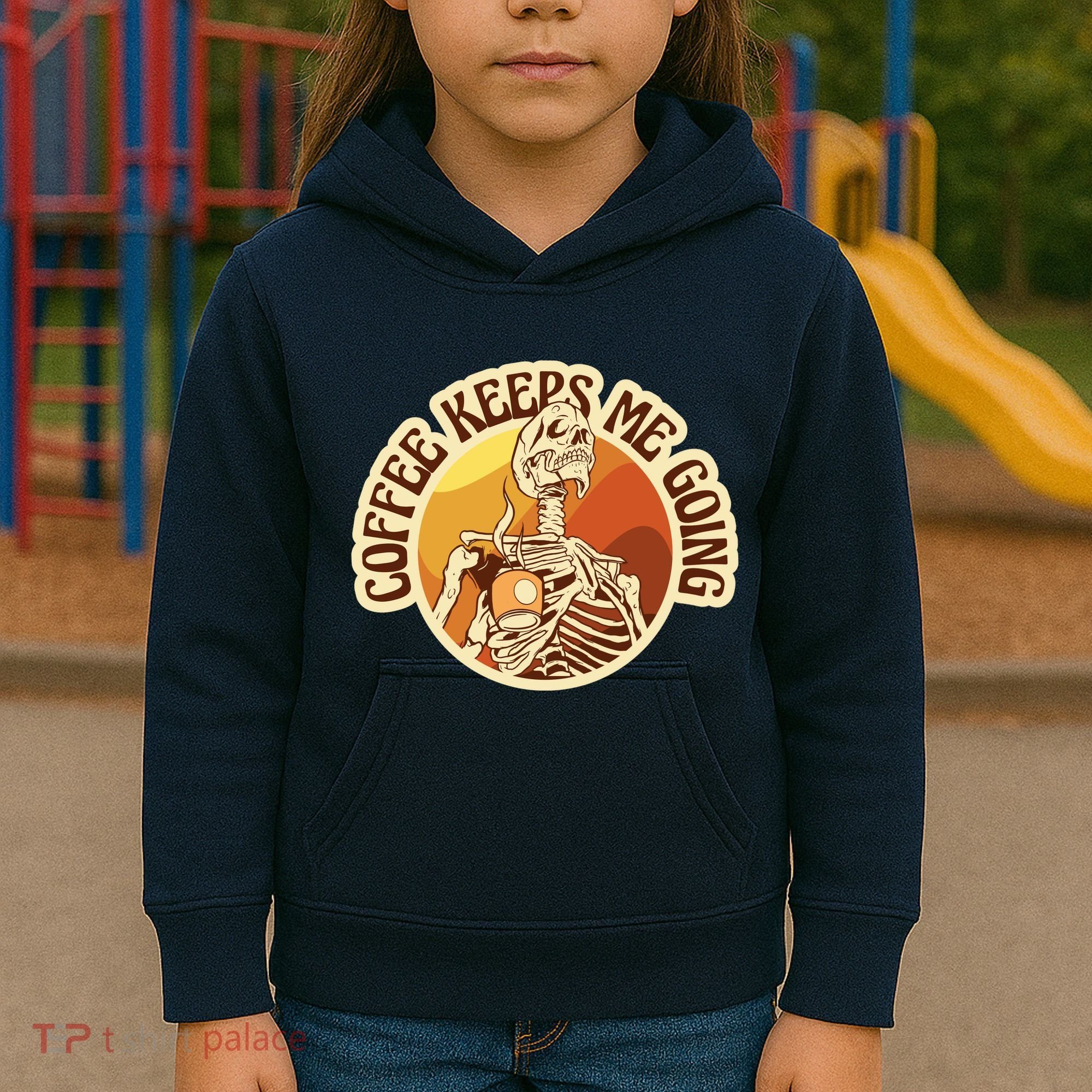 Coffee Keeps Me Going Skeleton Retro Sunset Kids Hoodie