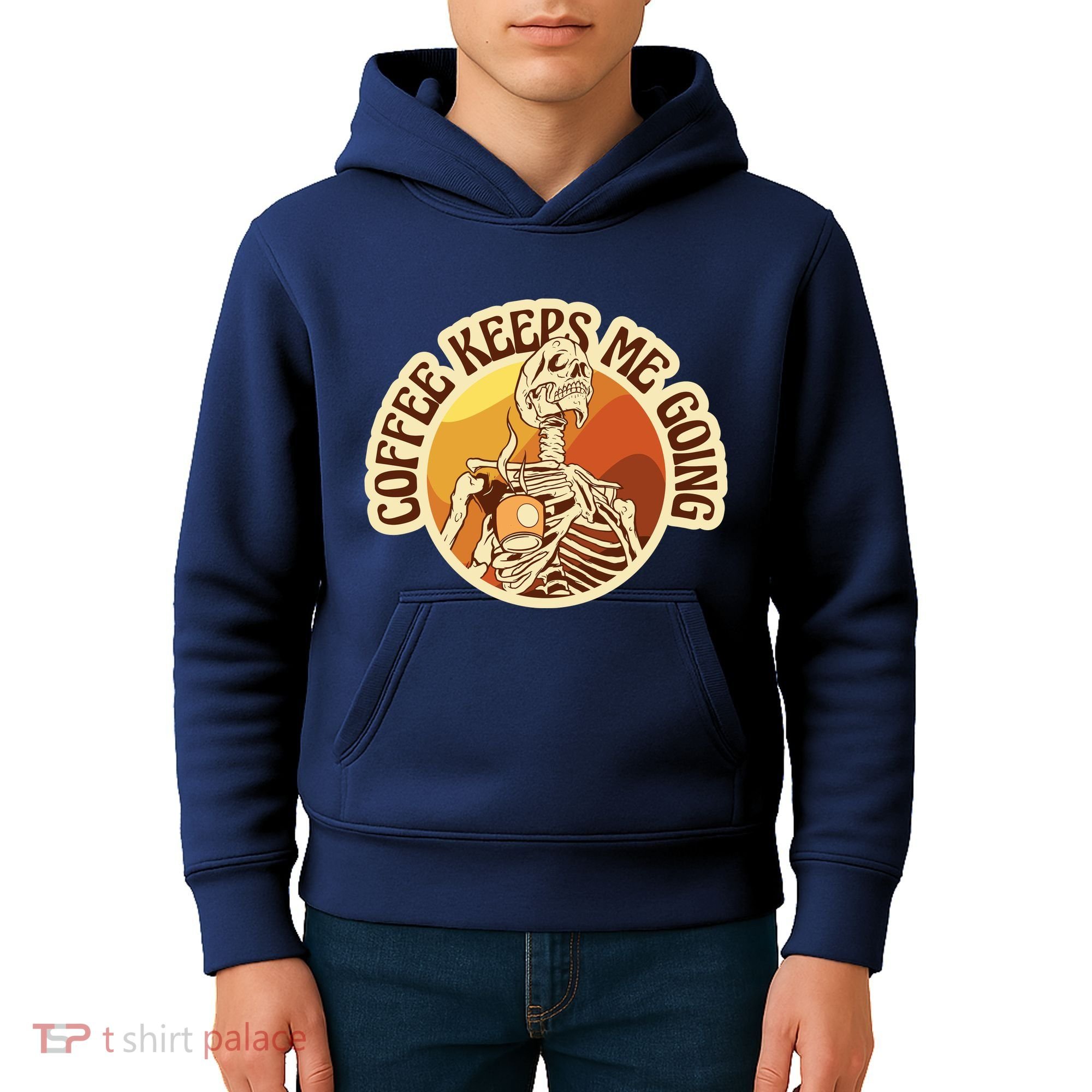 Coffee Keeps Me Going Skeleton Retro Sunset Kids Hoodie