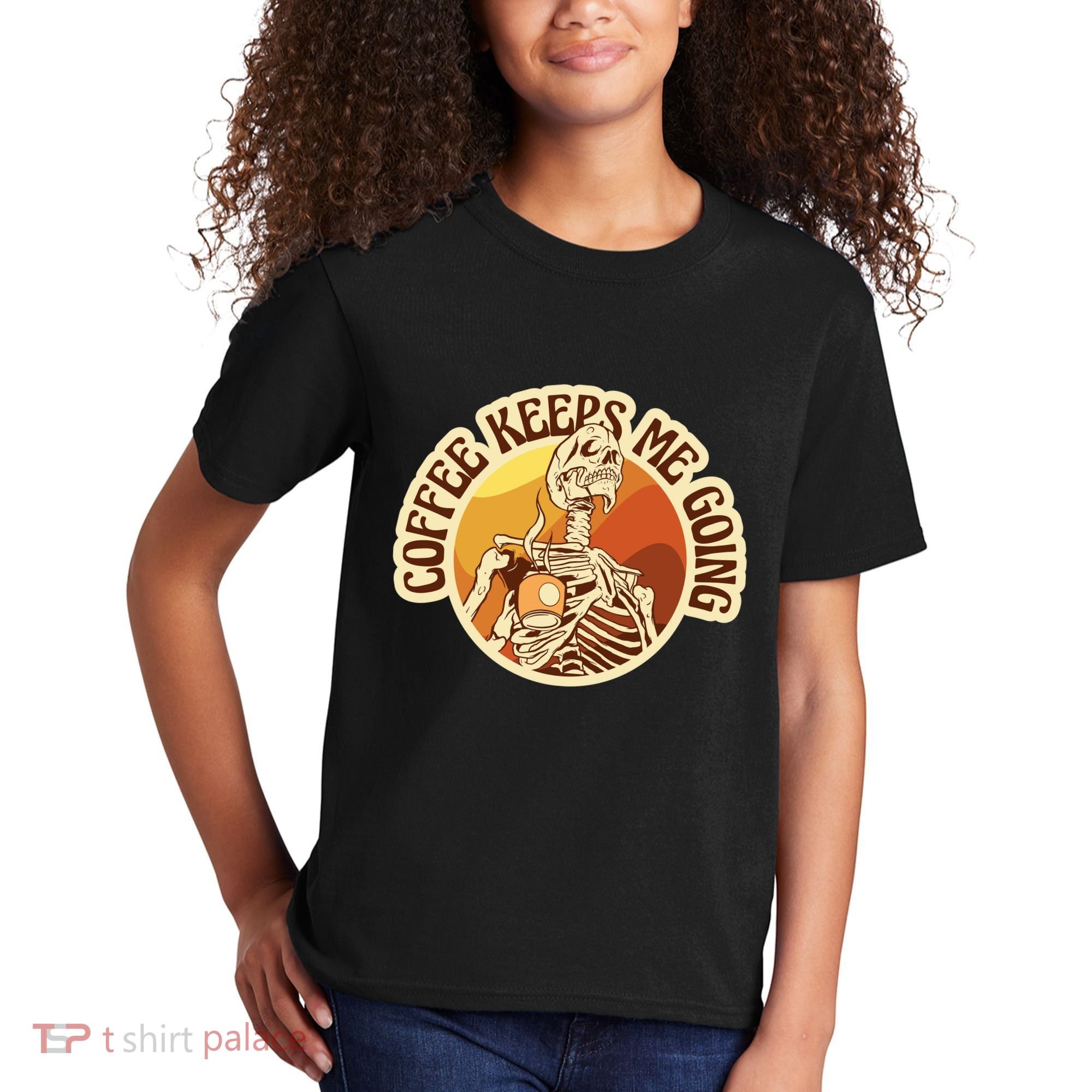 Coffee Keeps Me Going Skeleton Retro Sunset Kids T-Shirt