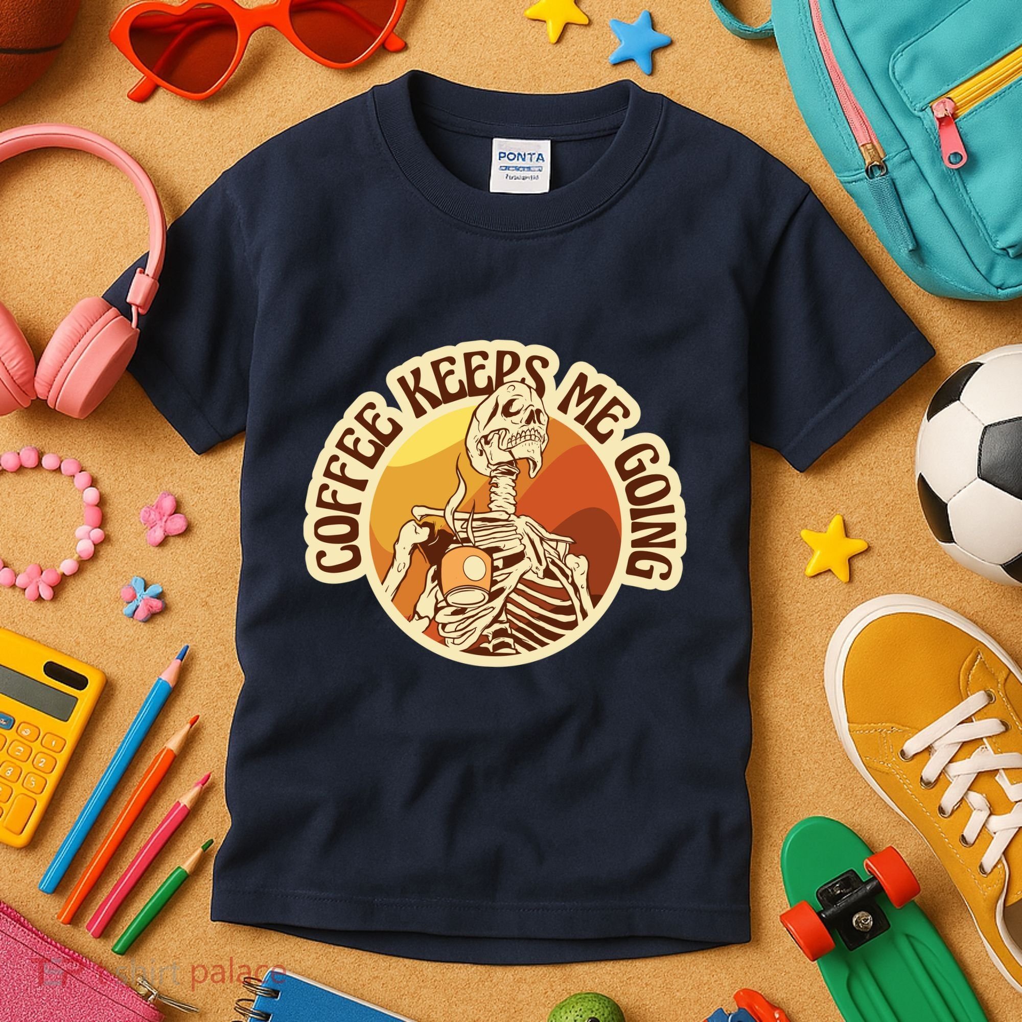 Coffee Keeps Me Going Skeleton Retro Sunset Kids T-Shirt