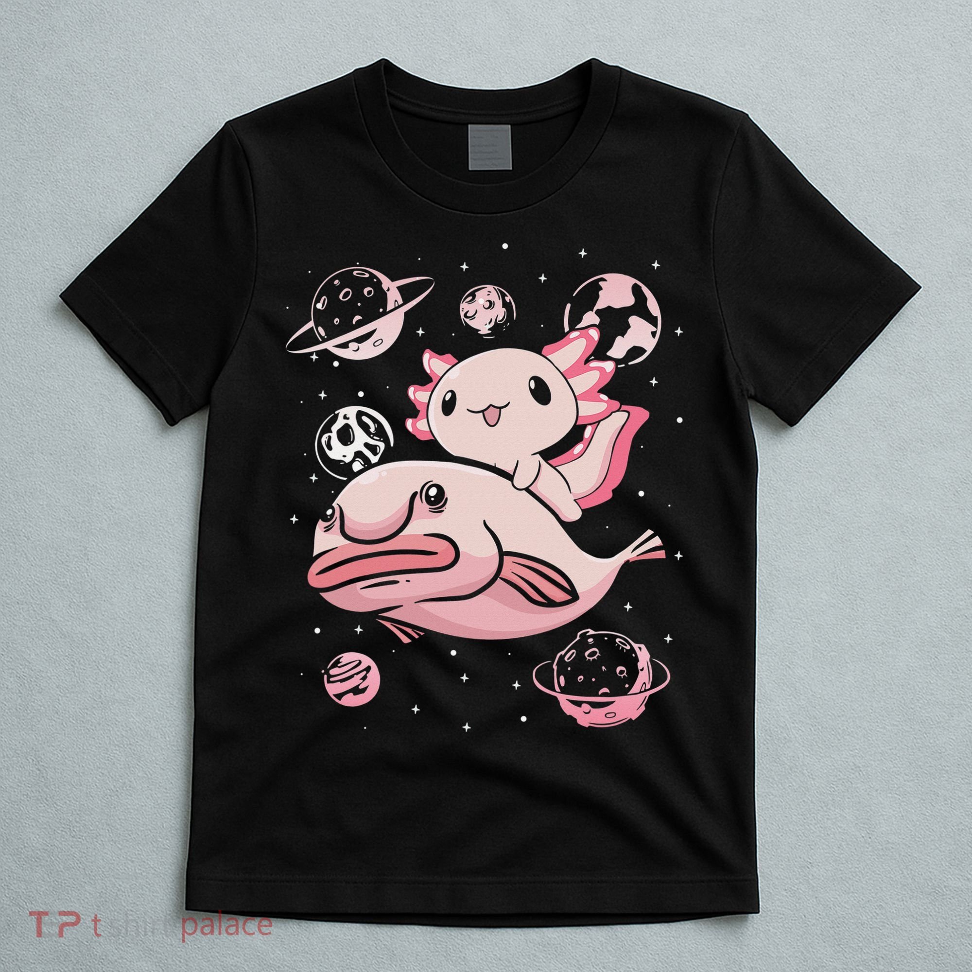 Cute Kawaii Pink Axolotl Riding A Blobfish Funny Axolotls  T-Shirt