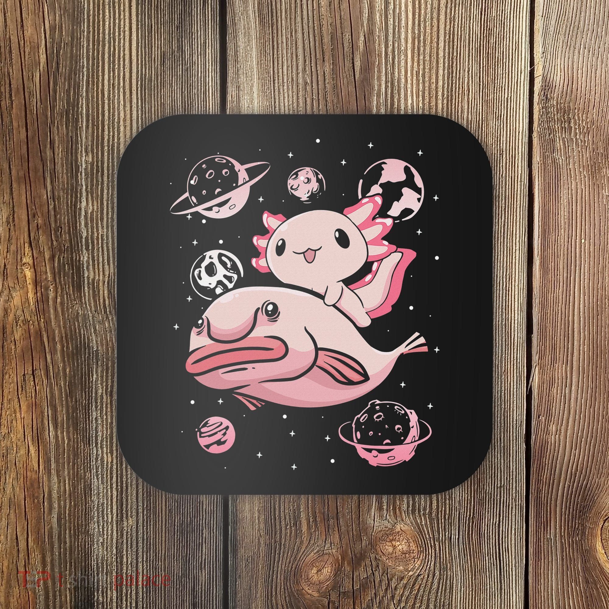 Cute Kawaii Pink Axolotl Riding A Blobfish Funny Axolotls  Coaster