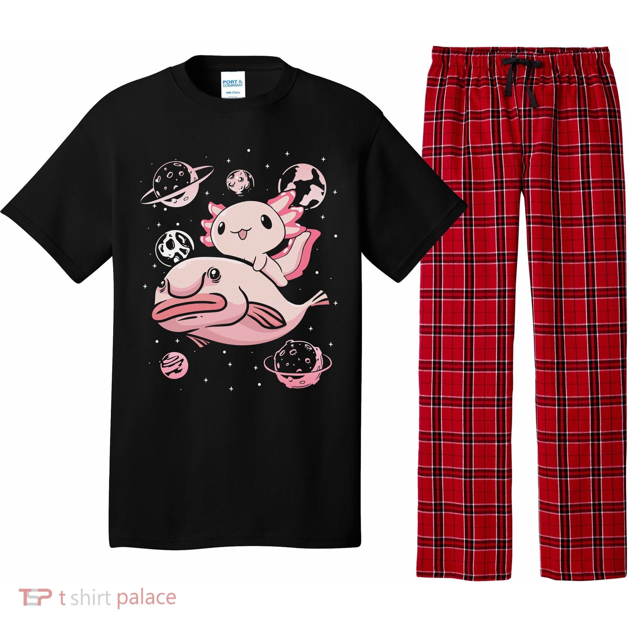 Cute Kawaii Pink Axolotl Riding A Blobfish Funny Axolotls  Pajama Set