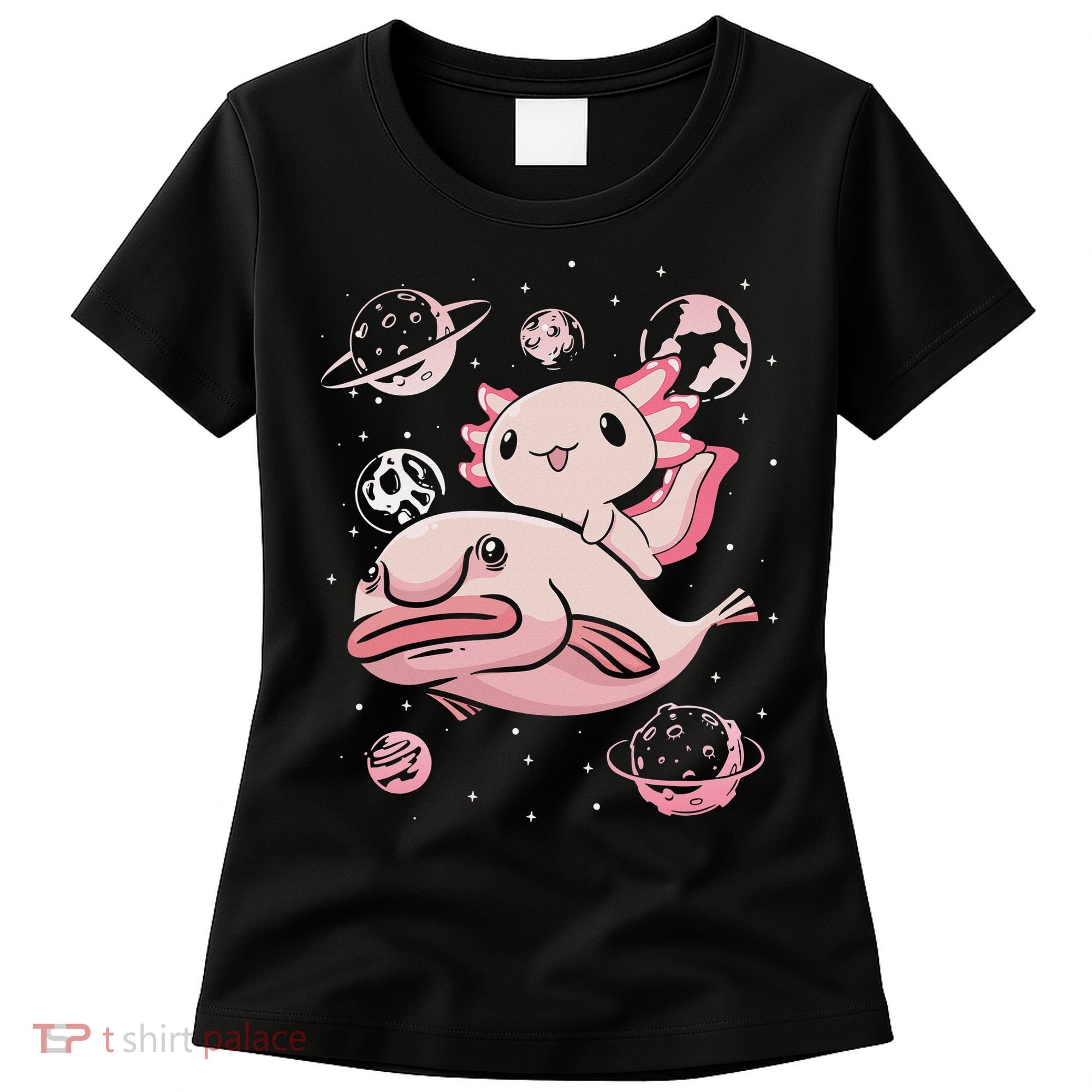 Cute Kawaii Pink Axolotl Riding A Blobfish Funny Axolotls  Women's T-Shirt