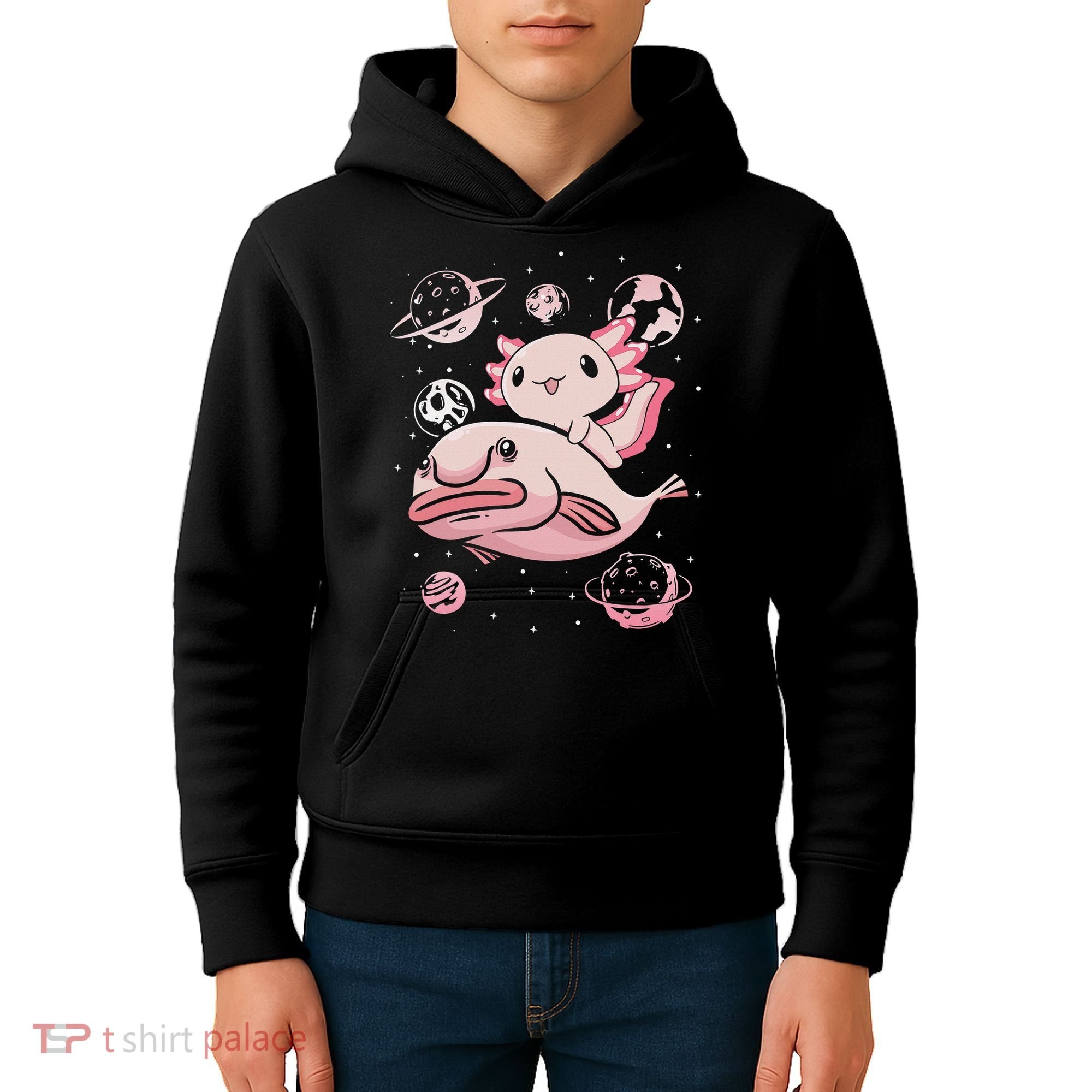 Cute Kawaii Pink Axolotl Riding A Blobfish Funny Axolotls  Kids Hoodie