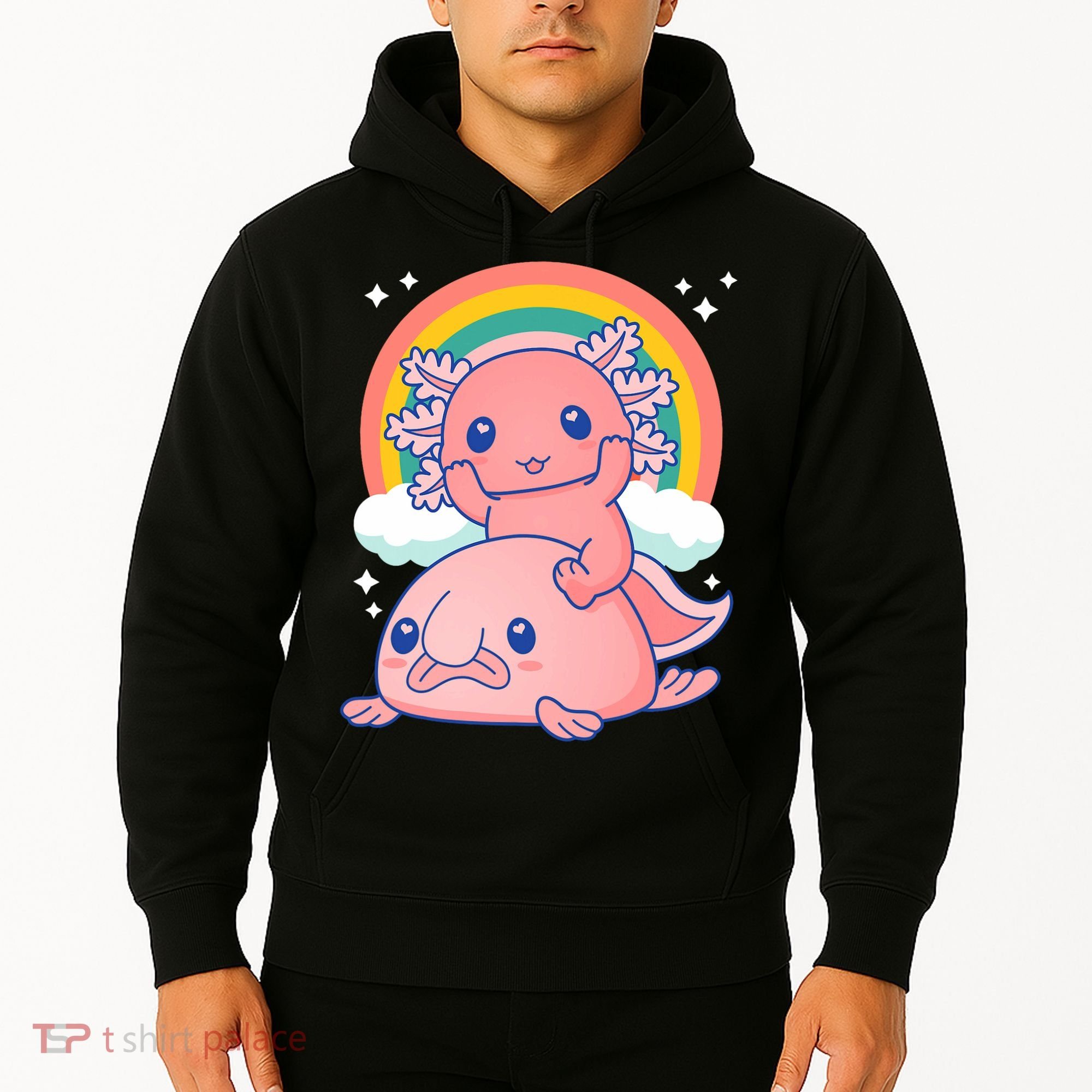 Cute Kawaii P.ink Axolotl Riding A Blob Fish Hoodie